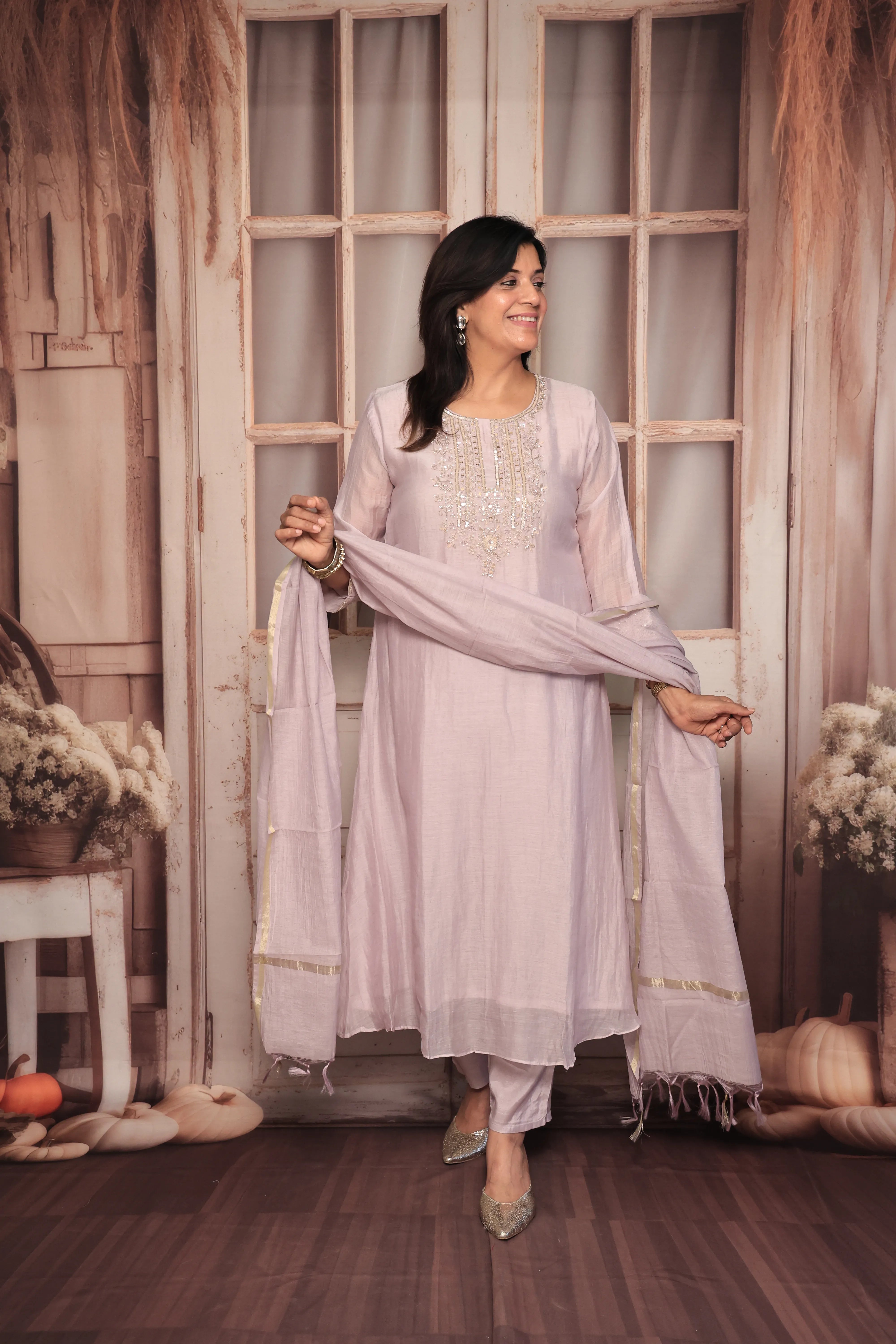 Light Lavender A-Line Yoke Embroidered Kurta Pant Dupatta Set | Hand Work | Pure Banarasi Mul Chanderi