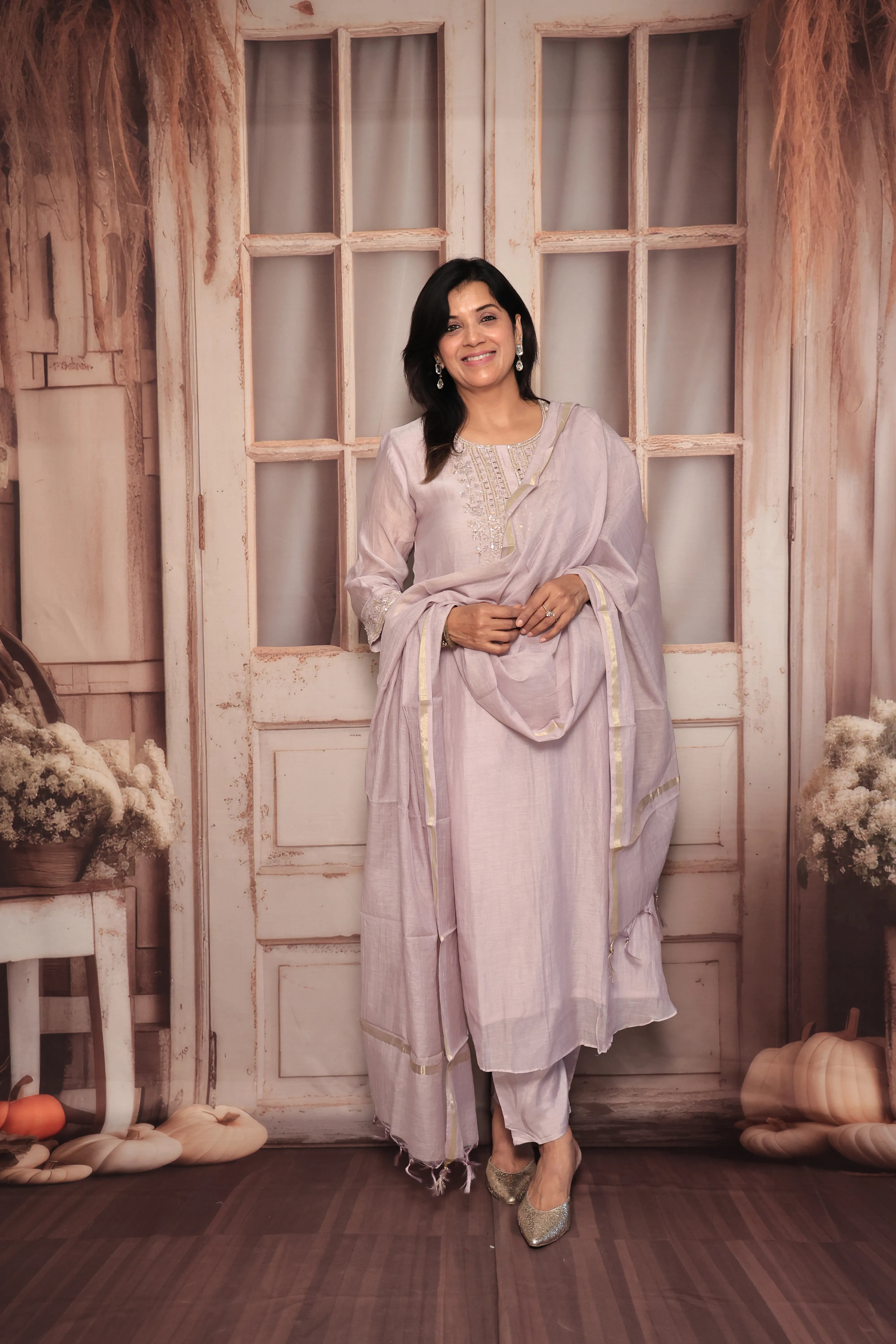 Light Lavender A-Line Yoke Embroidered Kurta Pant Dupatta Set | Hand Work | Pure Banarasi Mul Chanderi