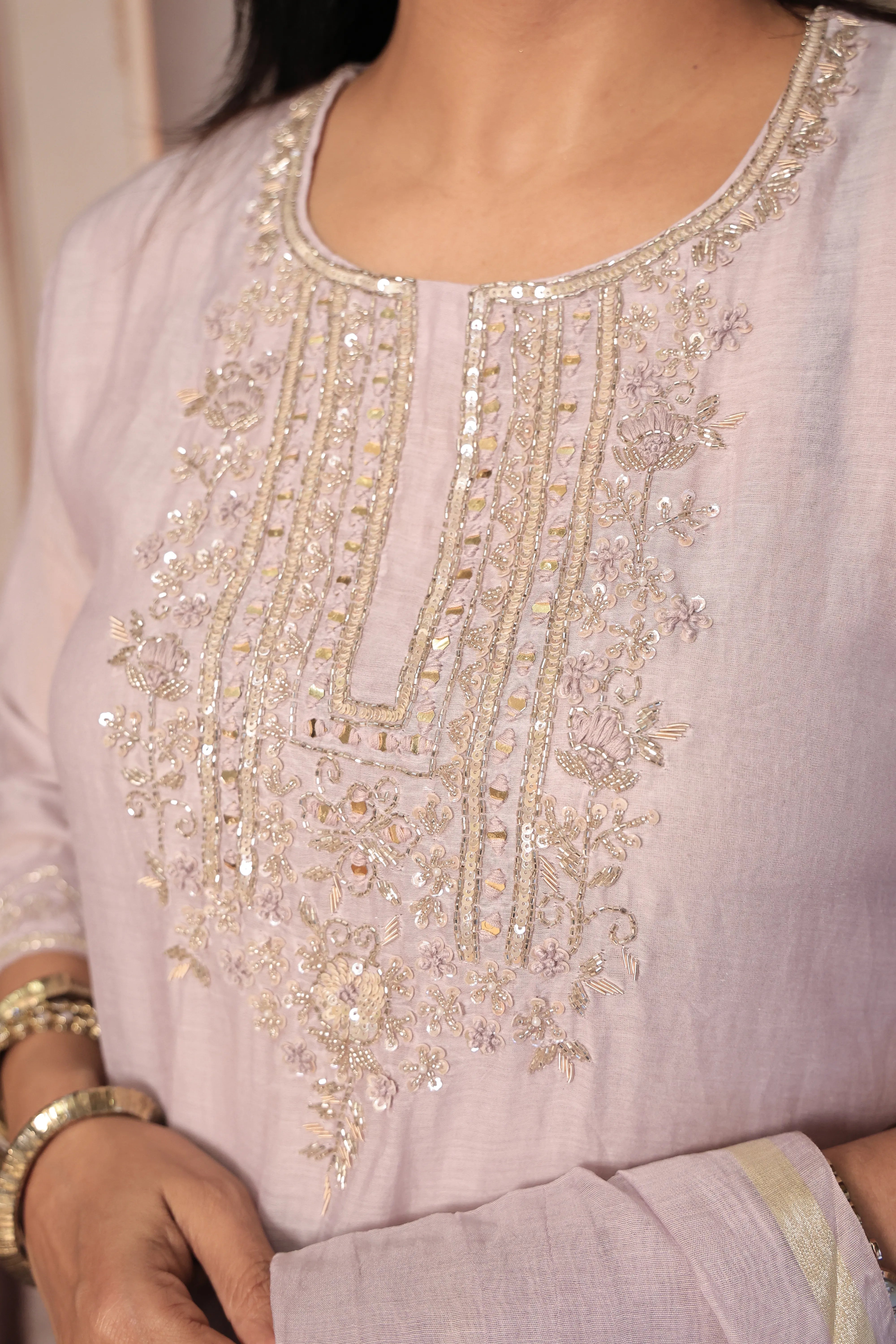 Light Lavender A-Line Yoke Embroidered Kurta Pant Dupatta Set | Hand Work | Pure Banarasi Mul Chanderi