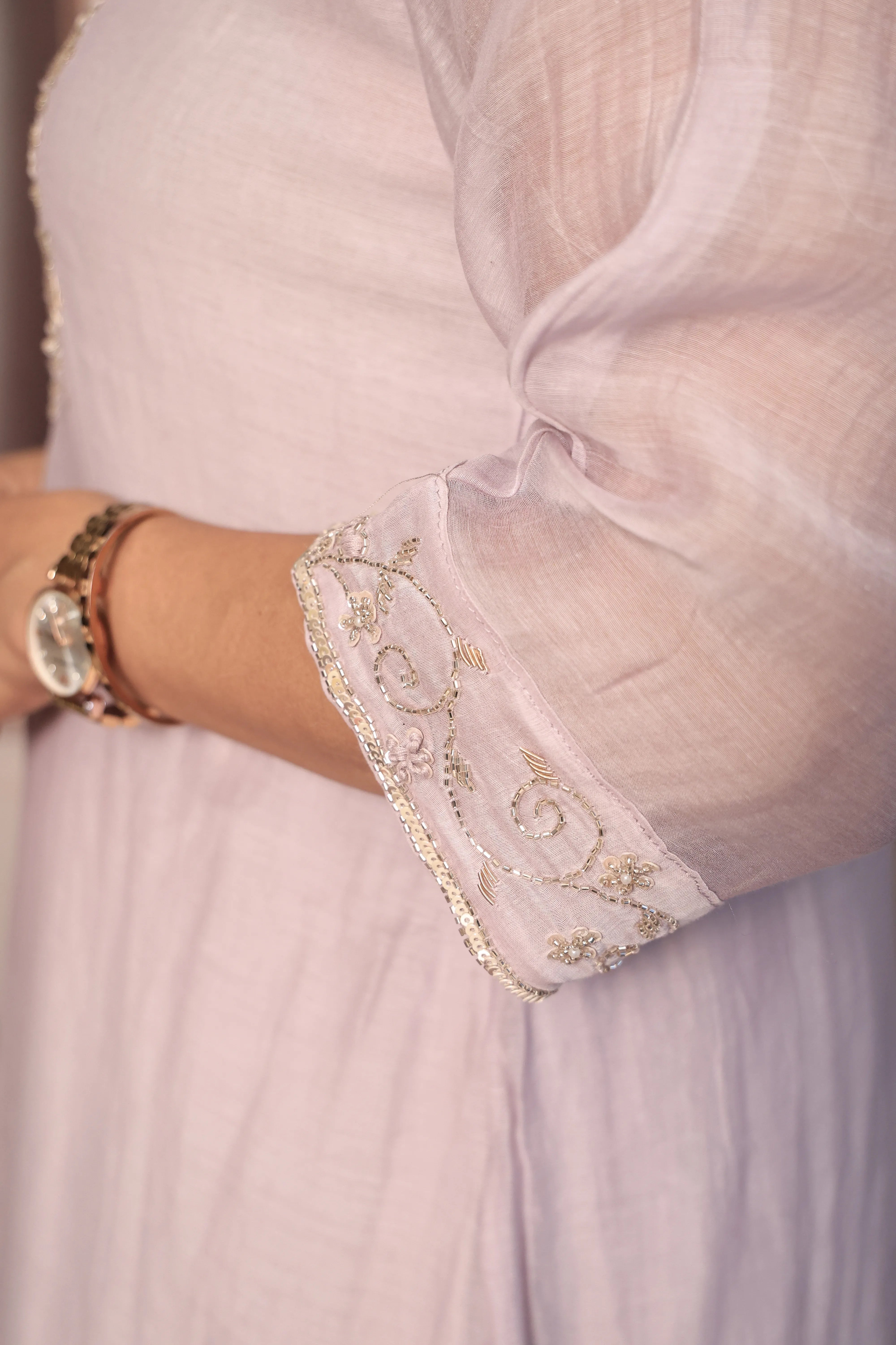 Light Lavender A-Line Yoke Embroidered Kurta Pant Dupatta Set | Hand Work | Pure Banarasi Mul Chanderi