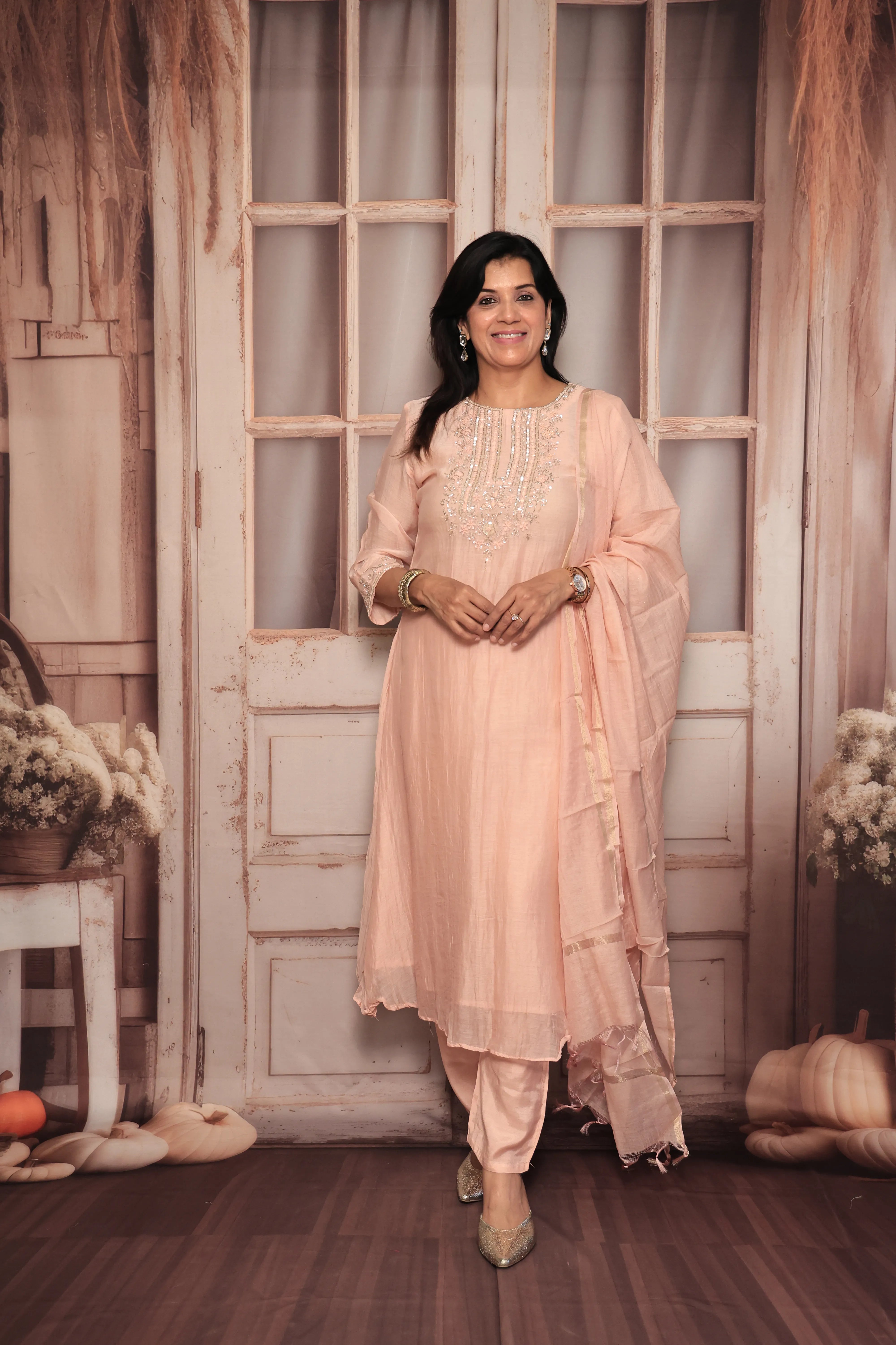 Light Peach A-Line Yoke Embroidered Kurta Pant Dupatta Set | Hand Work | Pure Banarasi Mul Chanderi
