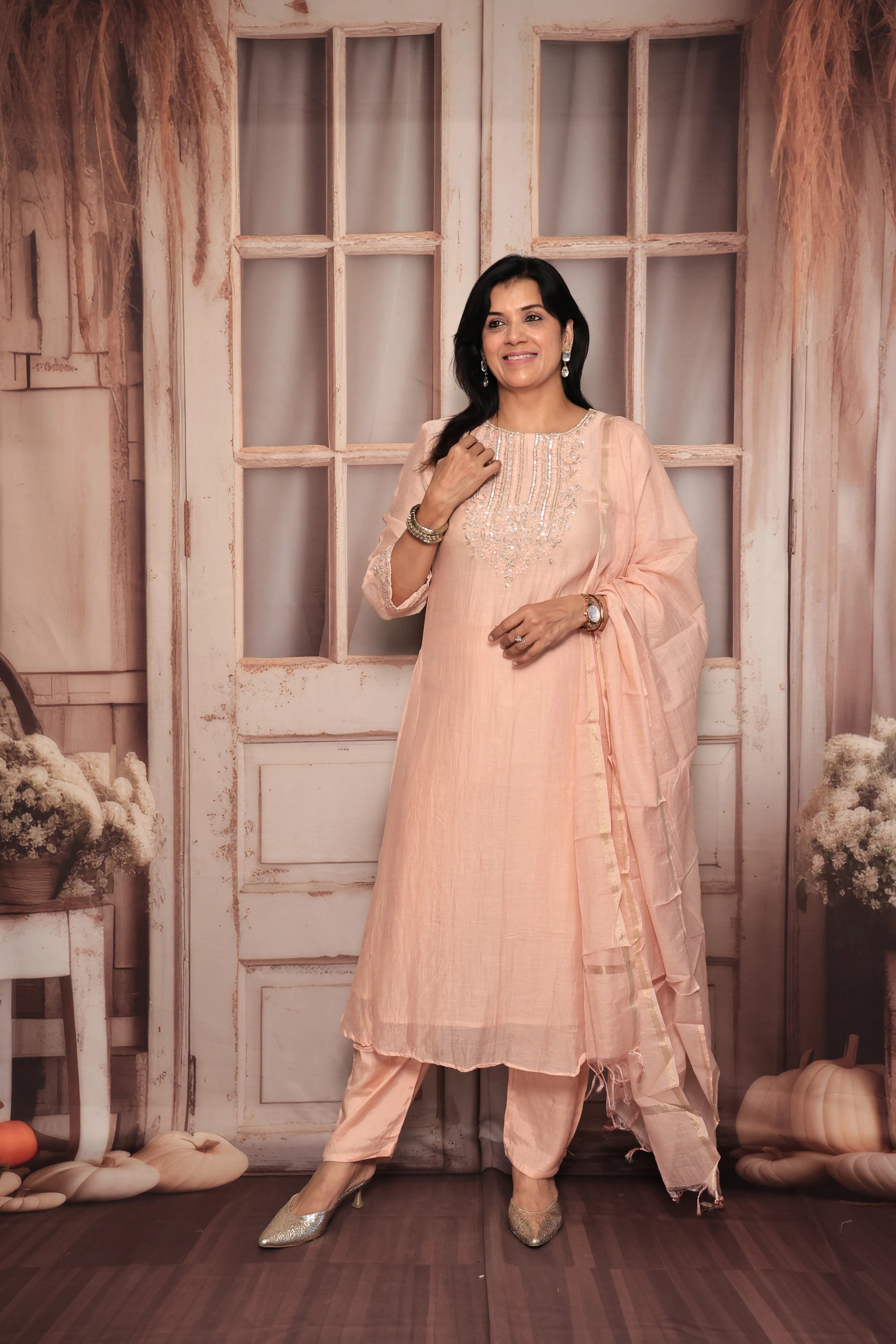 Light Peach A-Line Yoke Embroidered Kurta Pant Dupatta Set | Hand Work | Pure Banarasi Mul Chanderi