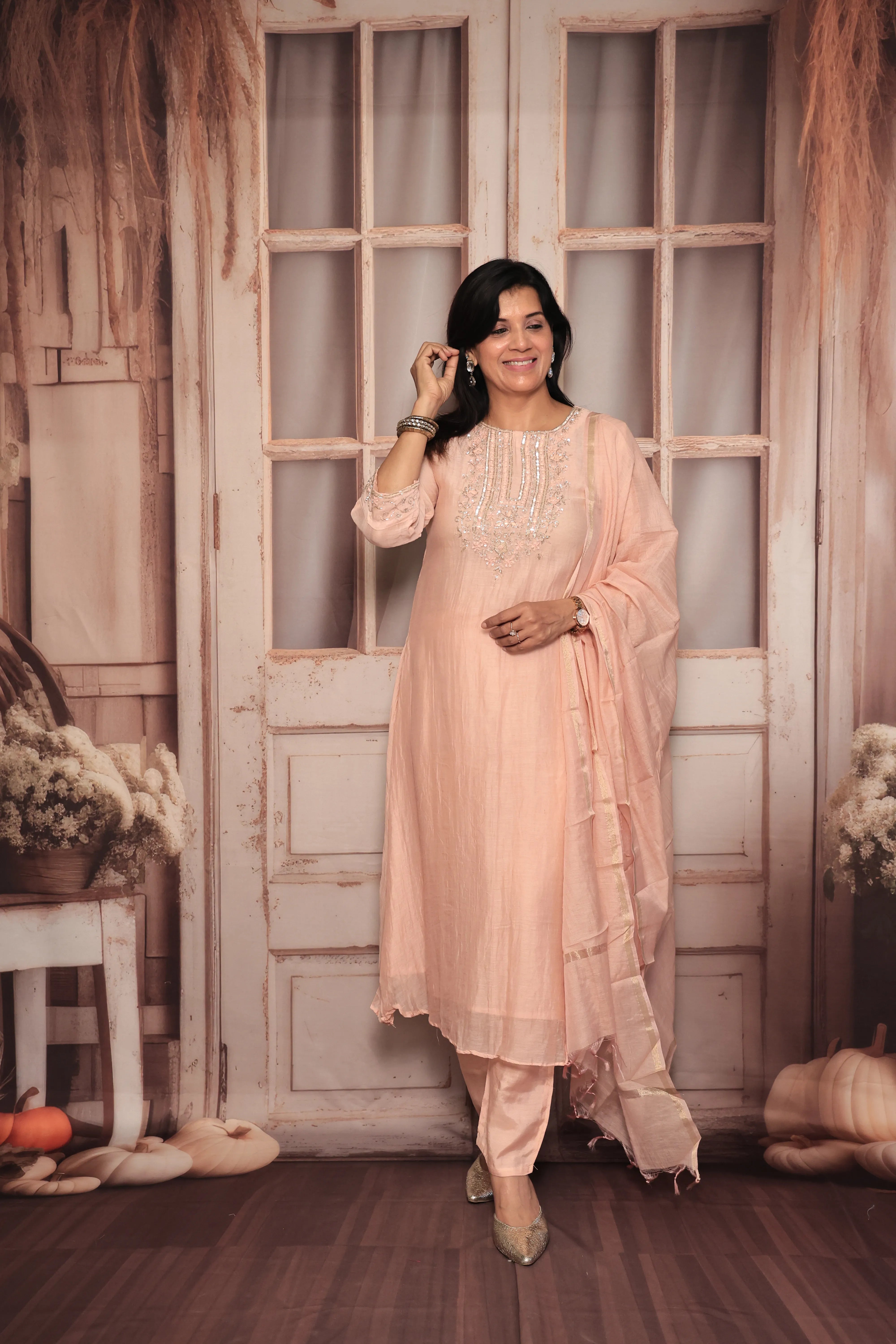 Light Peach A-Line Yoke Embroidered Kurta Pant Dupatta Set | Hand Work | Pure Banarasi Mul Chanderi