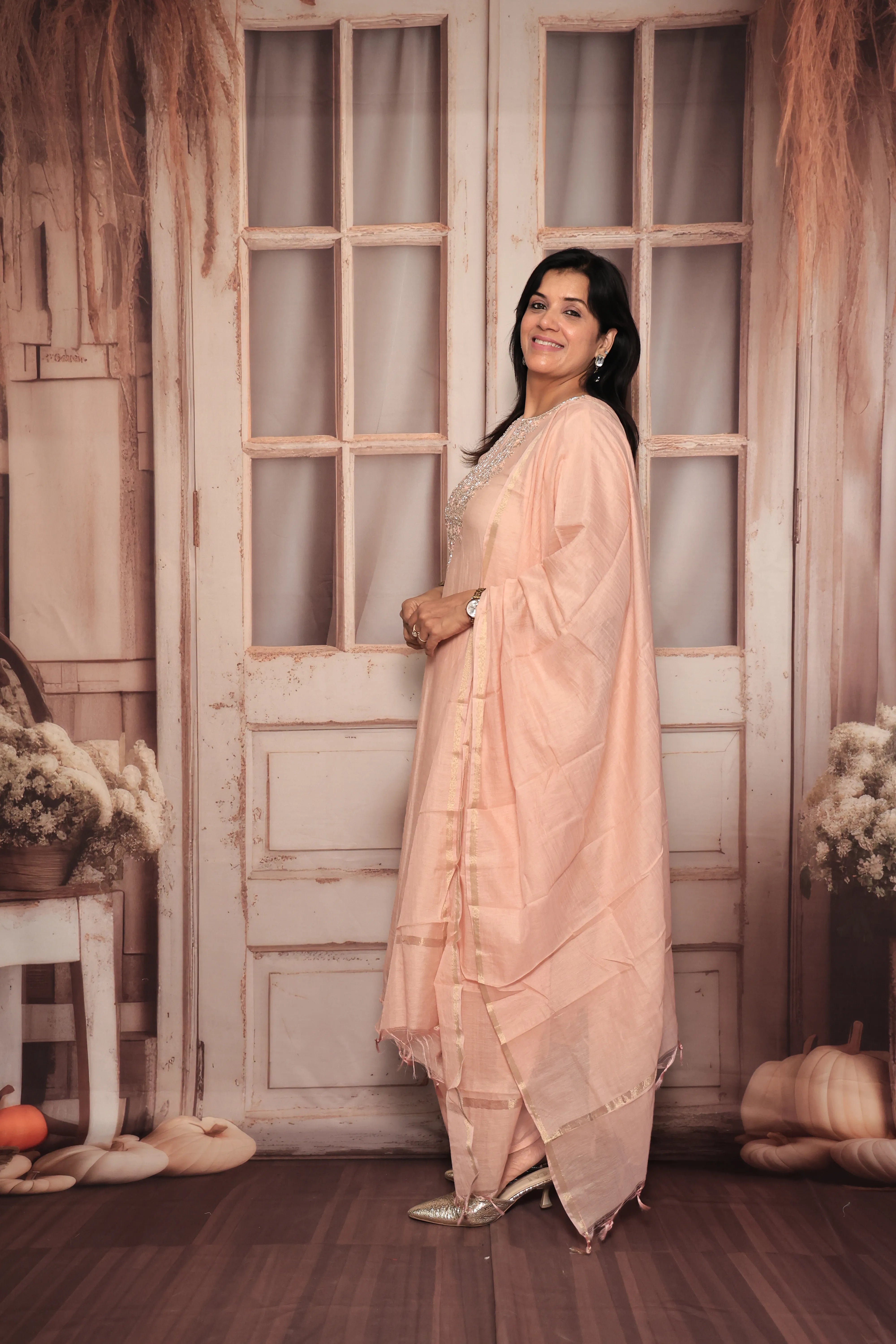 Light Peach A-Line Yoke Embroidered Kurta Pant Dupatta Set | Hand Work | Pure Banarasi Mul Chanderi