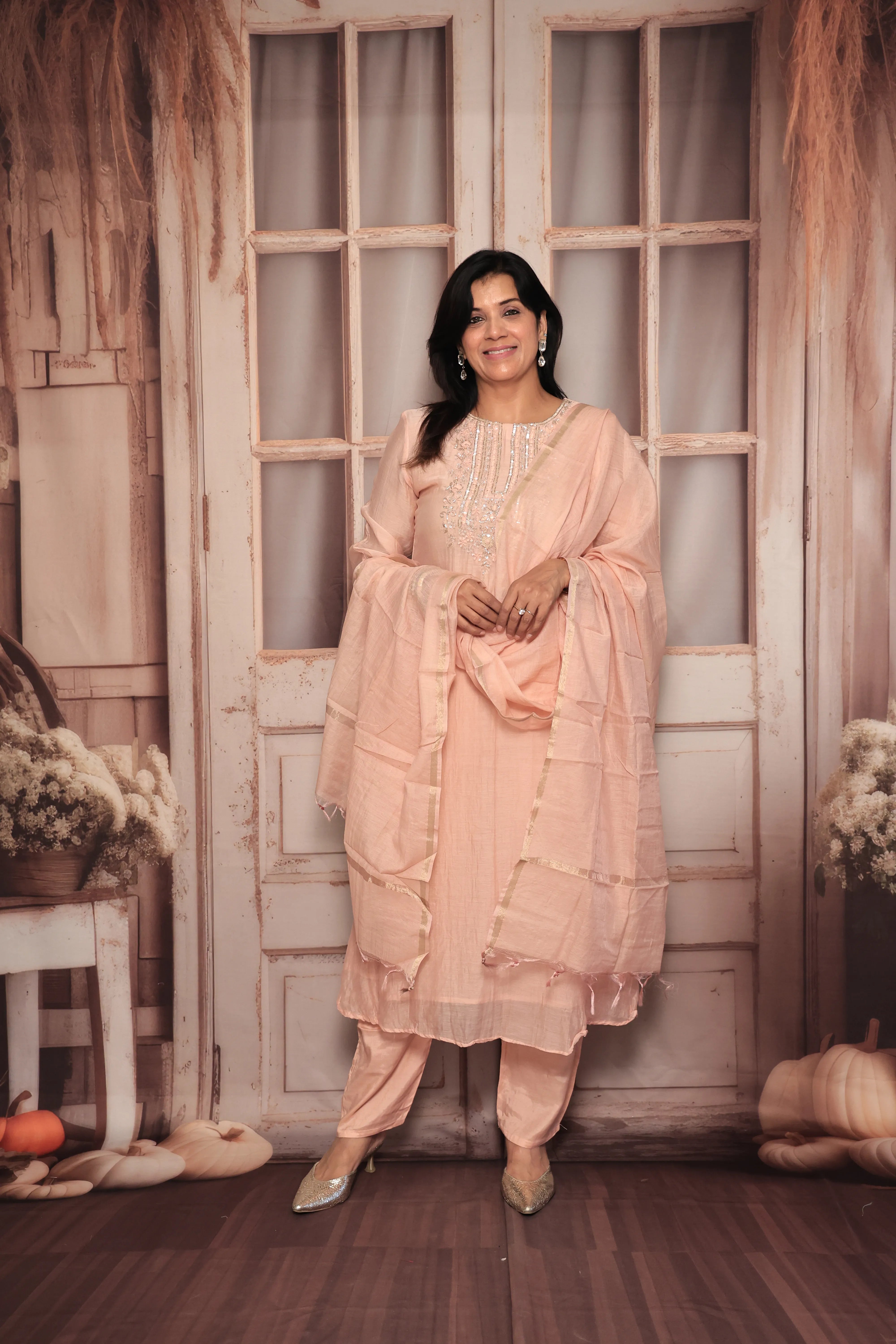 Light Peach A-Line Yoke Embroidered Kurta Pant Dupatta Set | Hand Work | Pure Banarasi Mul Chanderi