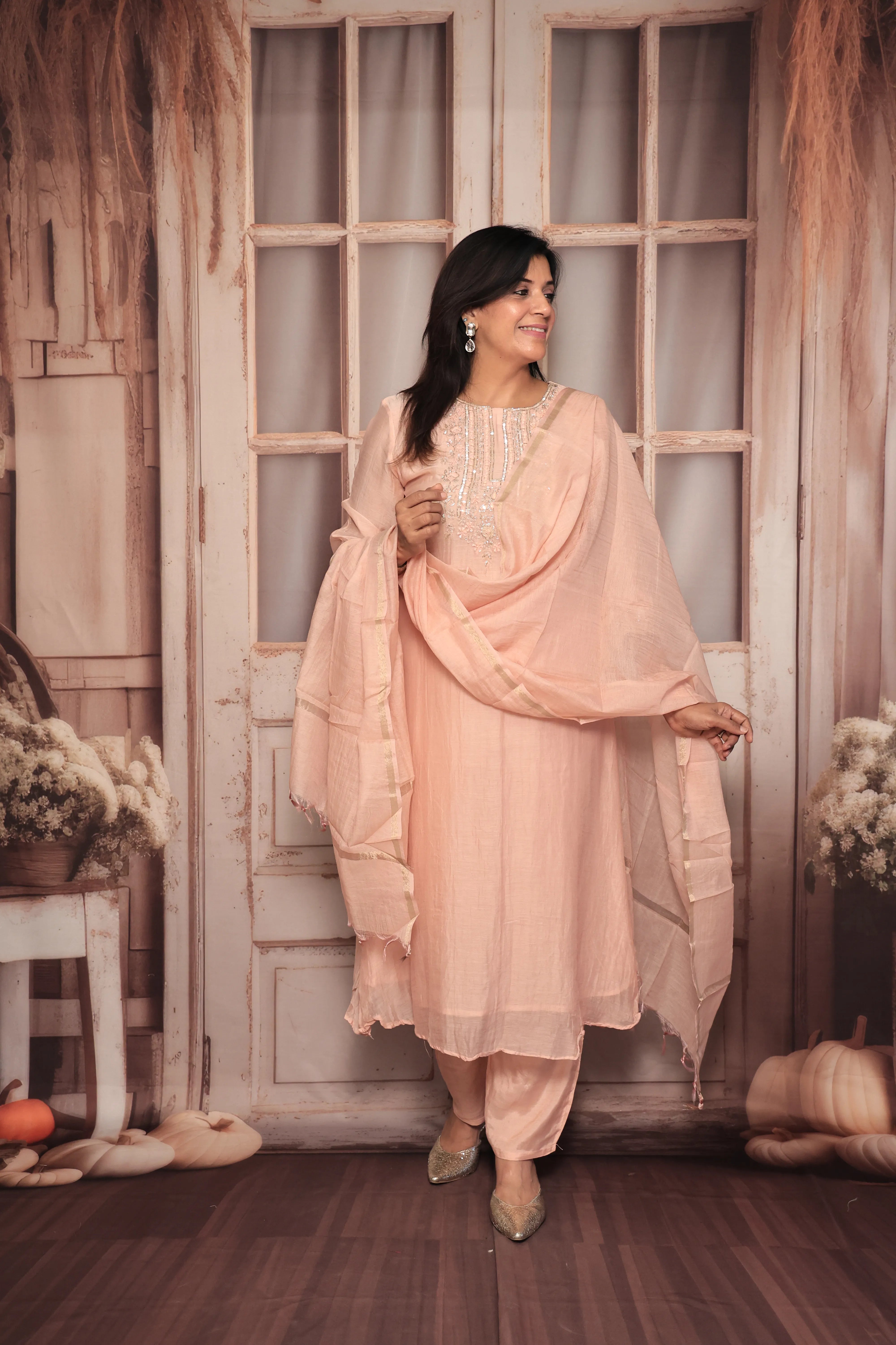 Light Peach A-Line Yoke Embroidered Kurta Pant Dupatta Set | Hand Work | Pure Banarasi Mul Chanderi
