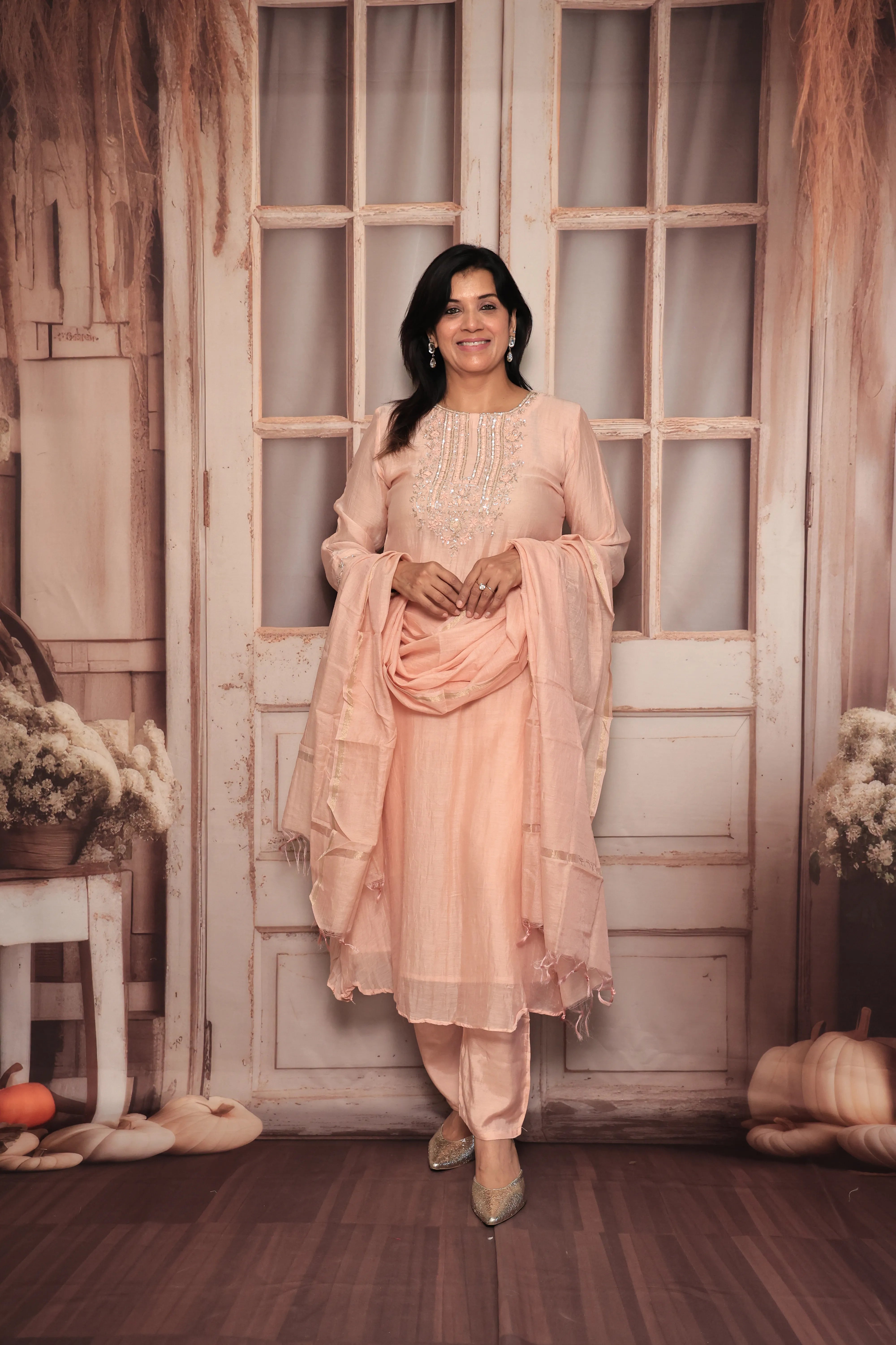 Light Peach A-Line Yoke Embroidered Kurta Pant Dupatta Set | Hand Work | Pure Banarasi Mul Chanderi