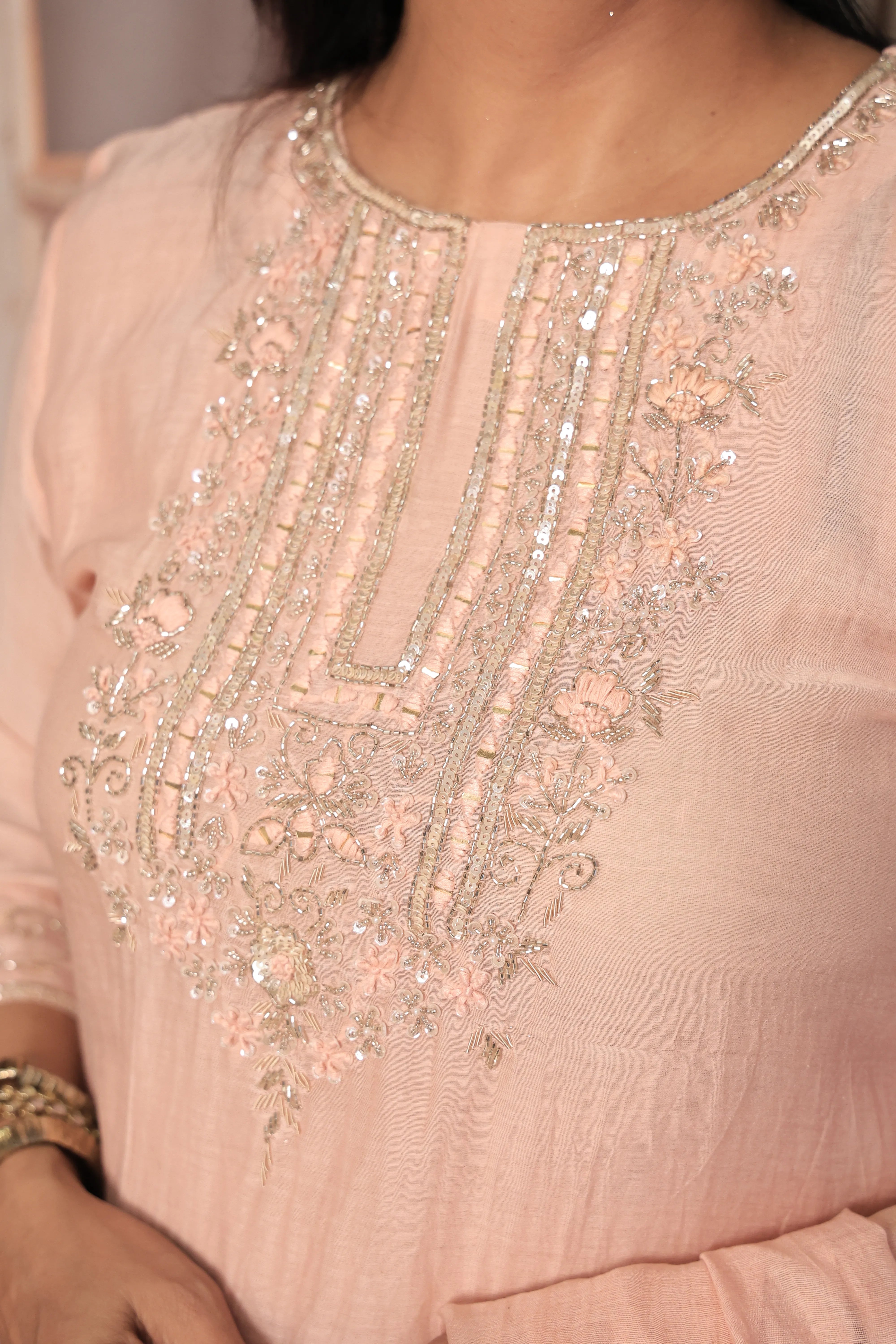 Light Peach A-Line Yoke Embroidered Kurta Pant Dupatta Set | Hand Work | Pure Banarasi Mul Chanderi