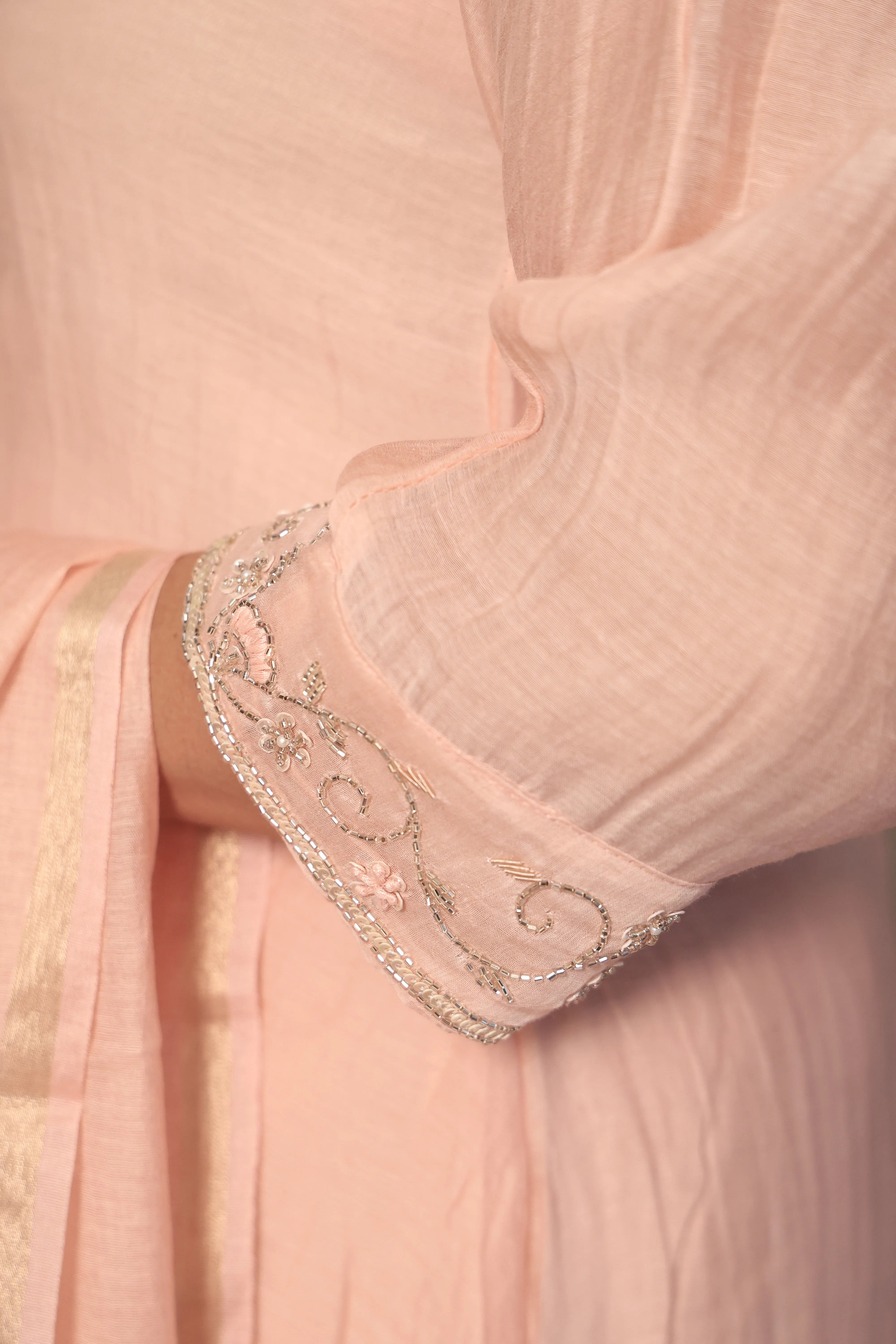 Light Peach A-Line Yoke Embroidered Kurta Pant Dupatta Set | Hand Work | Pure Banarasi Mul Chanderi