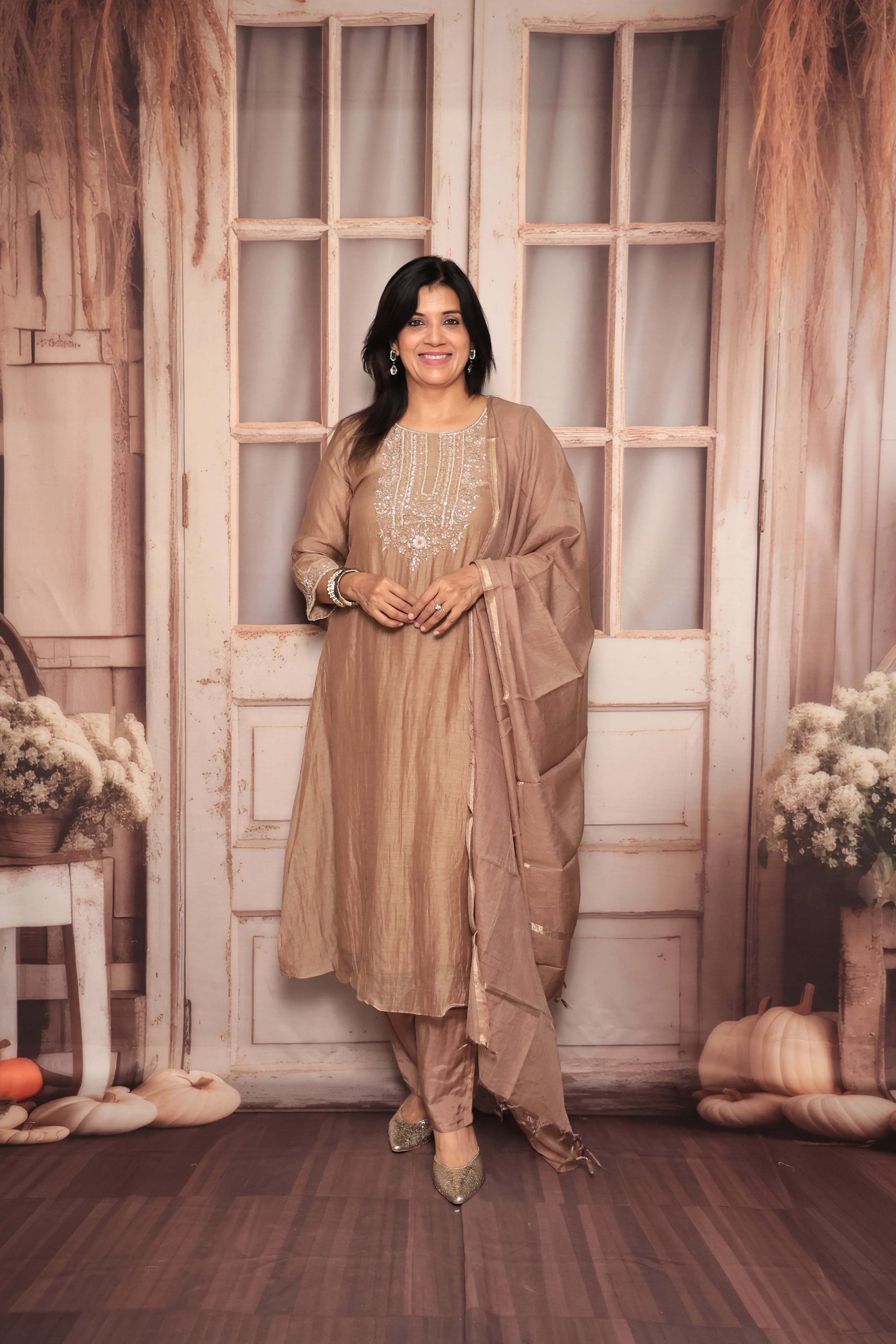 Dusty Brown A-Line Yoke Embroidered Kurta Pant Dupatta Set | Hand Work | Pure Banarasi Mul Chanderi