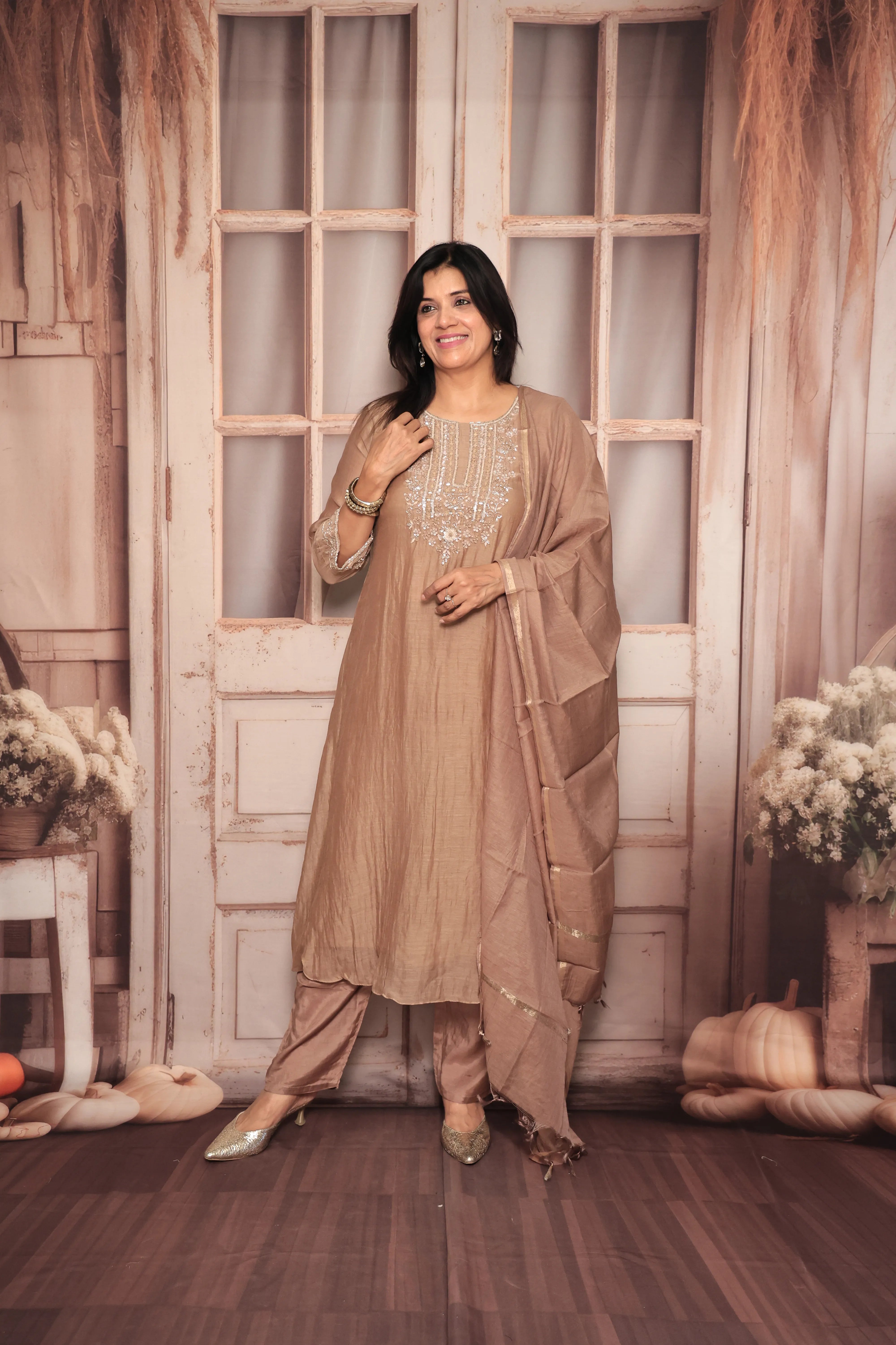 Dusty Brown A-Line Yoke Embroidered Kurta Pant Dupatta Set | Hand Work | Pure Banarasi Mul Chanderi