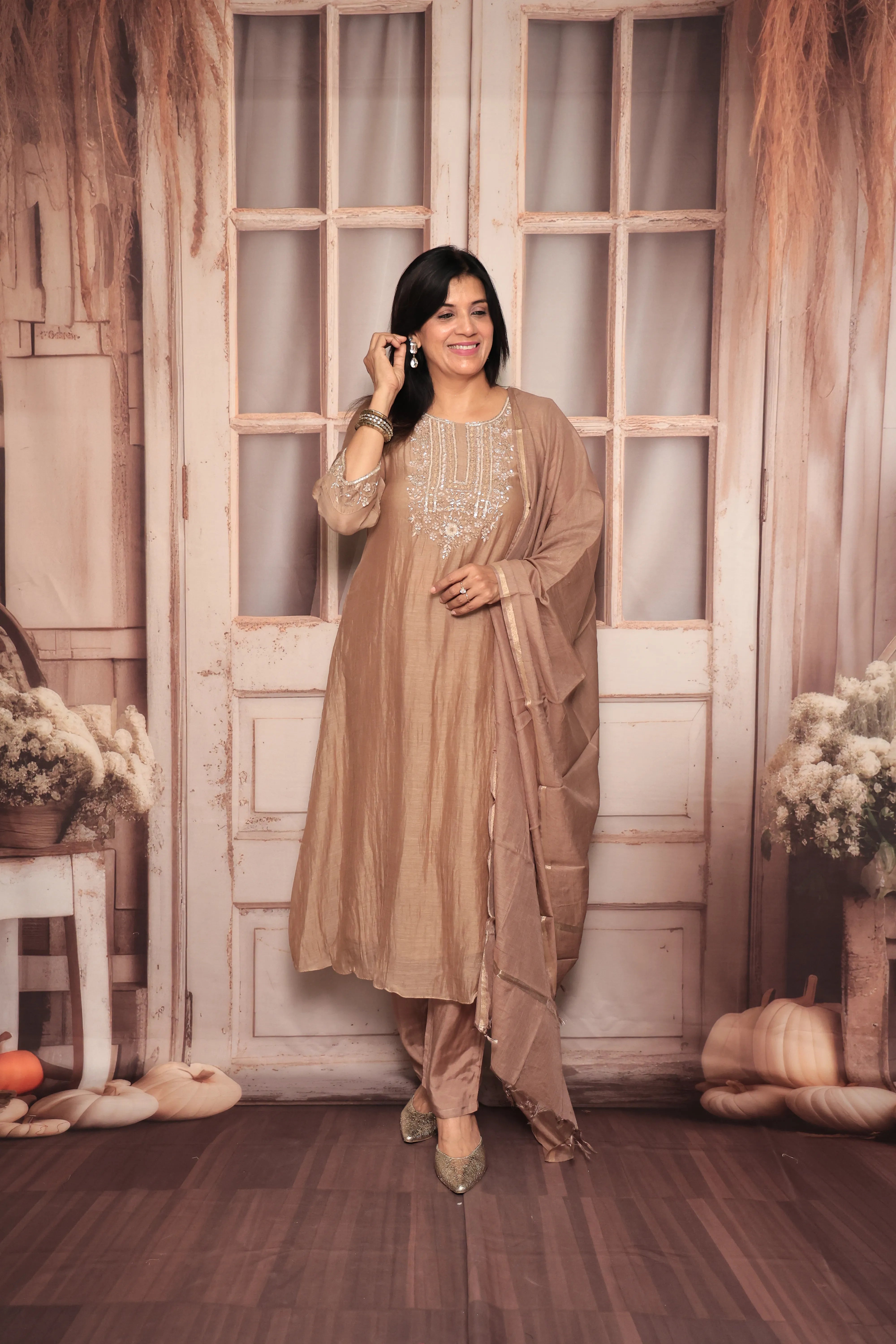 Dusty Brown A-Line Yoke Embroidered Kurta Pant Dupatta Set | Hand Work | Pure Banarasi Mul Chanderi
