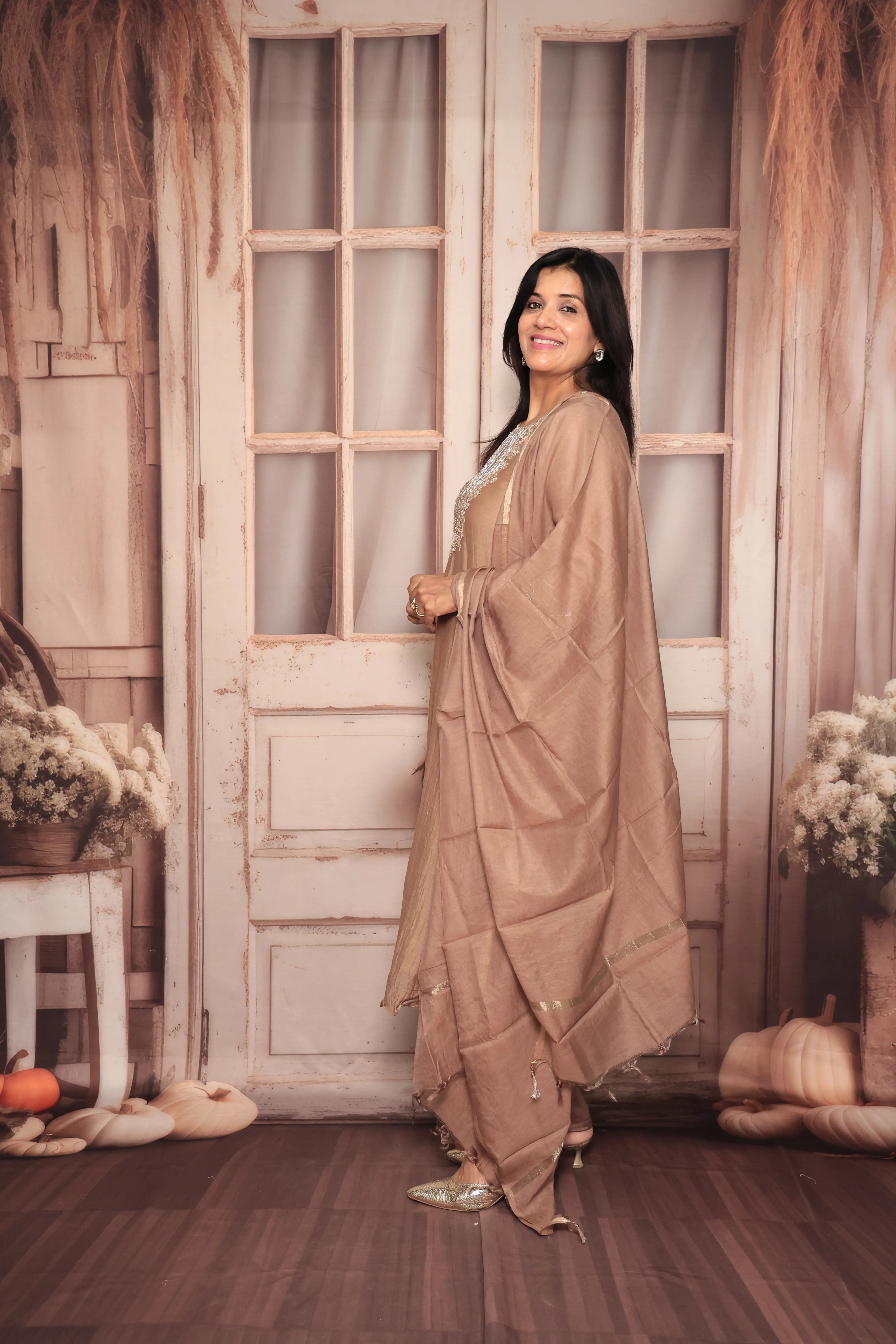 Dusty Brown A-Line Yoke Embroidered Kurta Pant Dupatta Set | Hand Work | Pure Banarasi Mul Chanderi