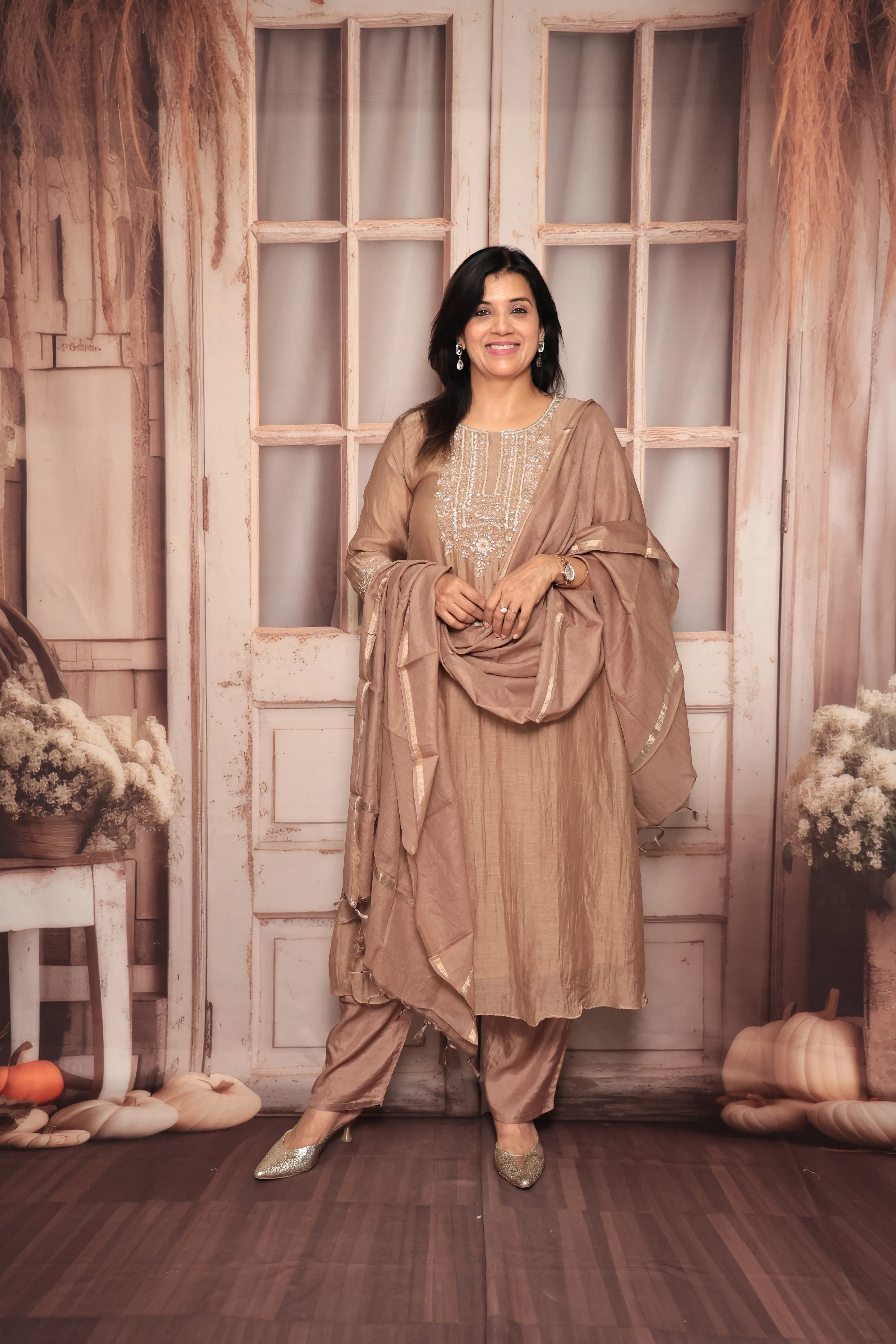 Dusty Brown A-Line Yoke Embroidered Kurta Pant Dupatta Set | Hand Work | Pure Banarasi Mul Chanderi