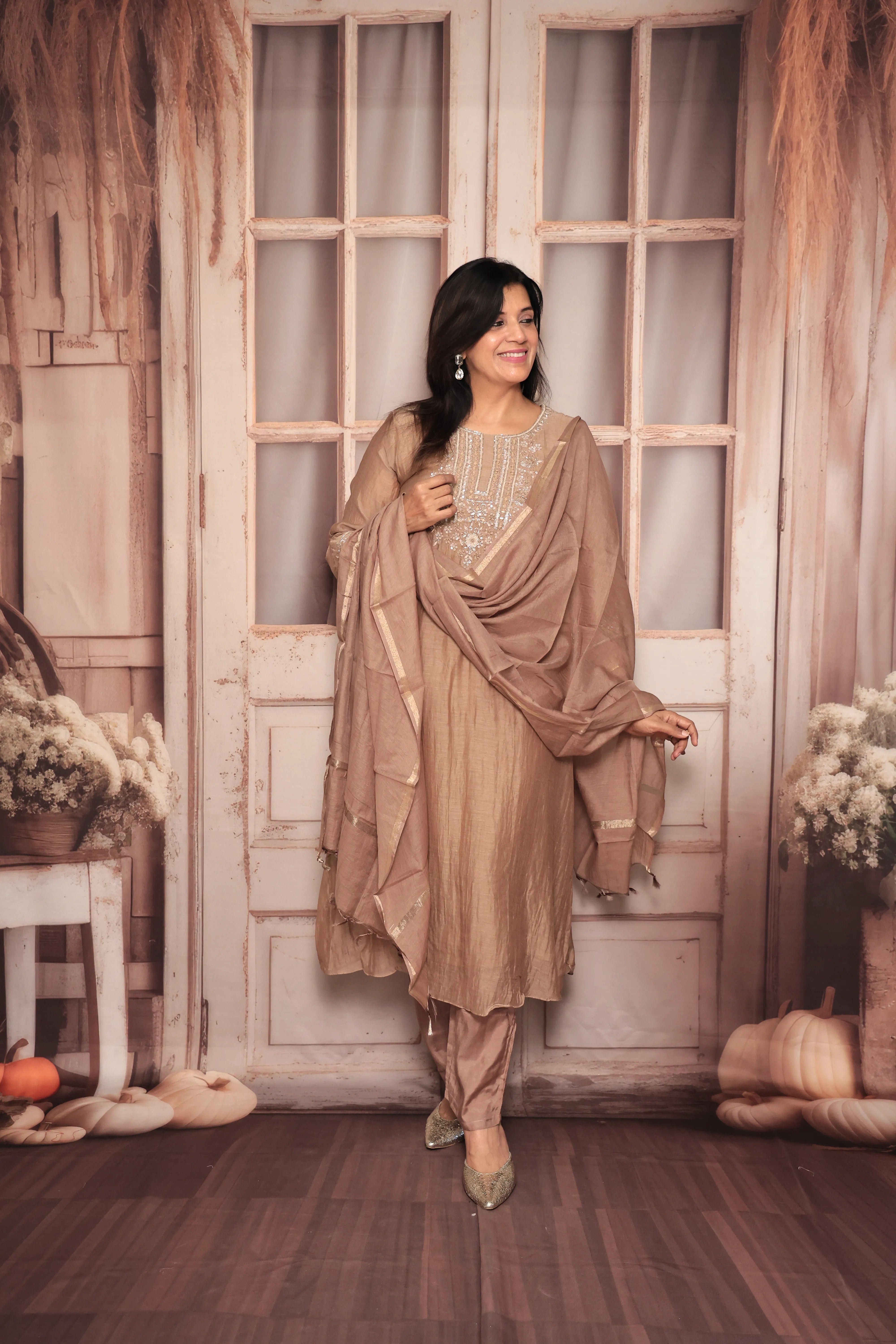 Dusty Brown A-Line Yoke Embroidered Kurta Pant Dupatta Set | Hand Work | Pure Banarasi Mul Chanderi