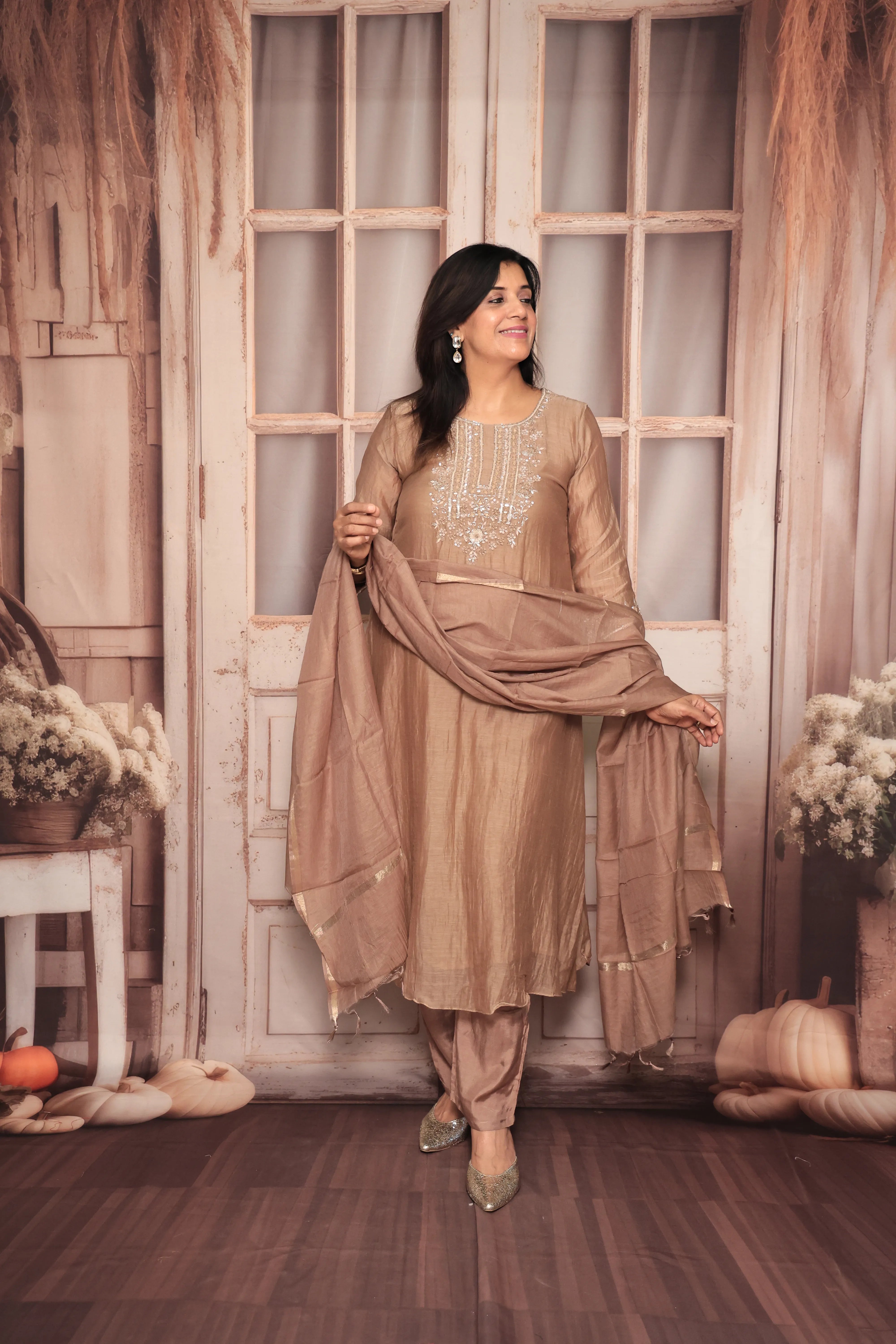 Dusty Brown A-Line Yoke Embroidered Kurta Pant Dupatta Set | Hand Work | Pure Banarasi Mul Chanderi