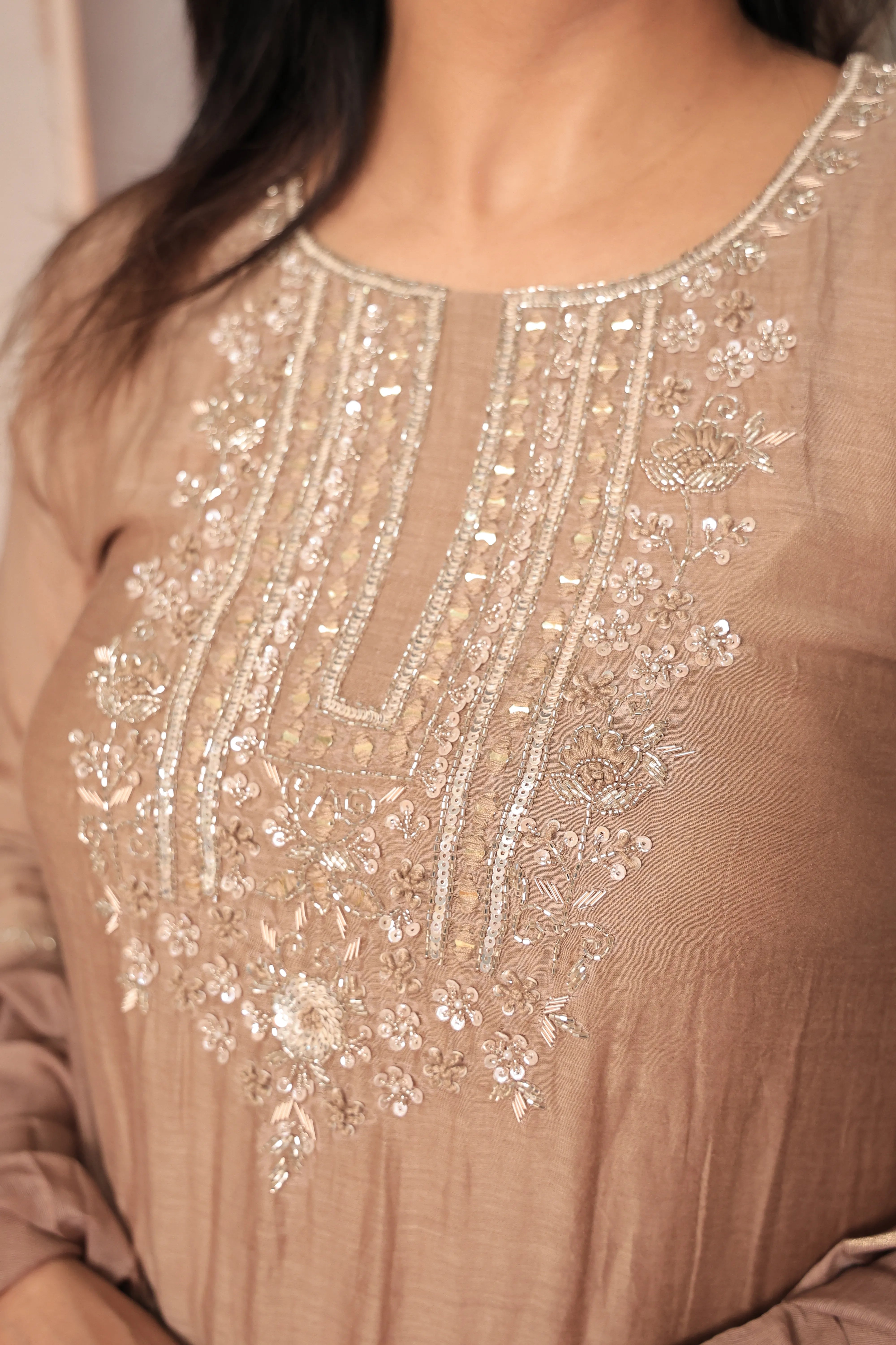 Dusty Brown A-Line Yoke Embroidered Kurta Pant Dupatta Set | Hand Work | Pure Banarasi Mul Chanderi