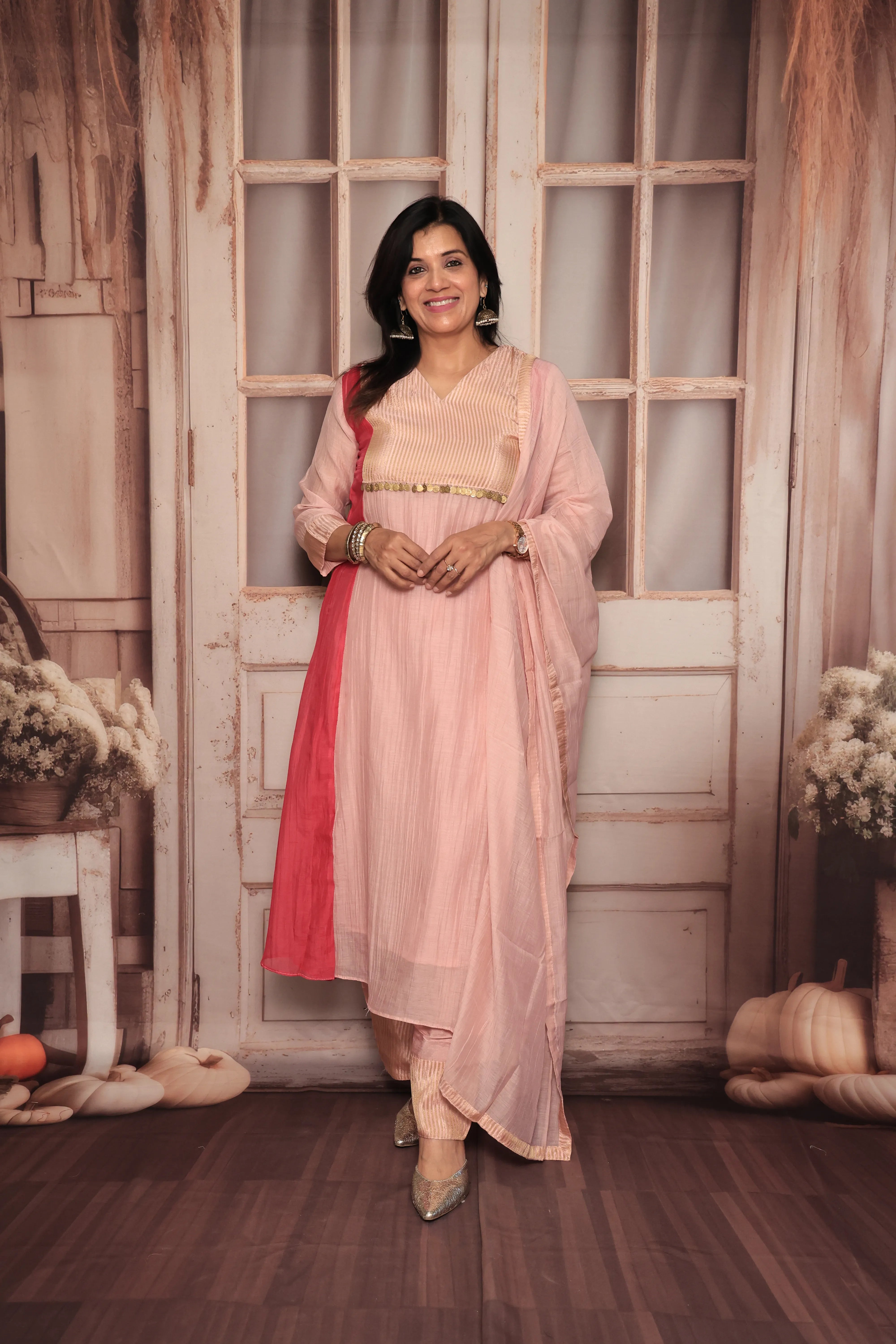 Light Pink A-Line Banarasi Mul Kurta Pant Dupatta Set | Embroidery Work | Pure Banarasi Mul Chanderi