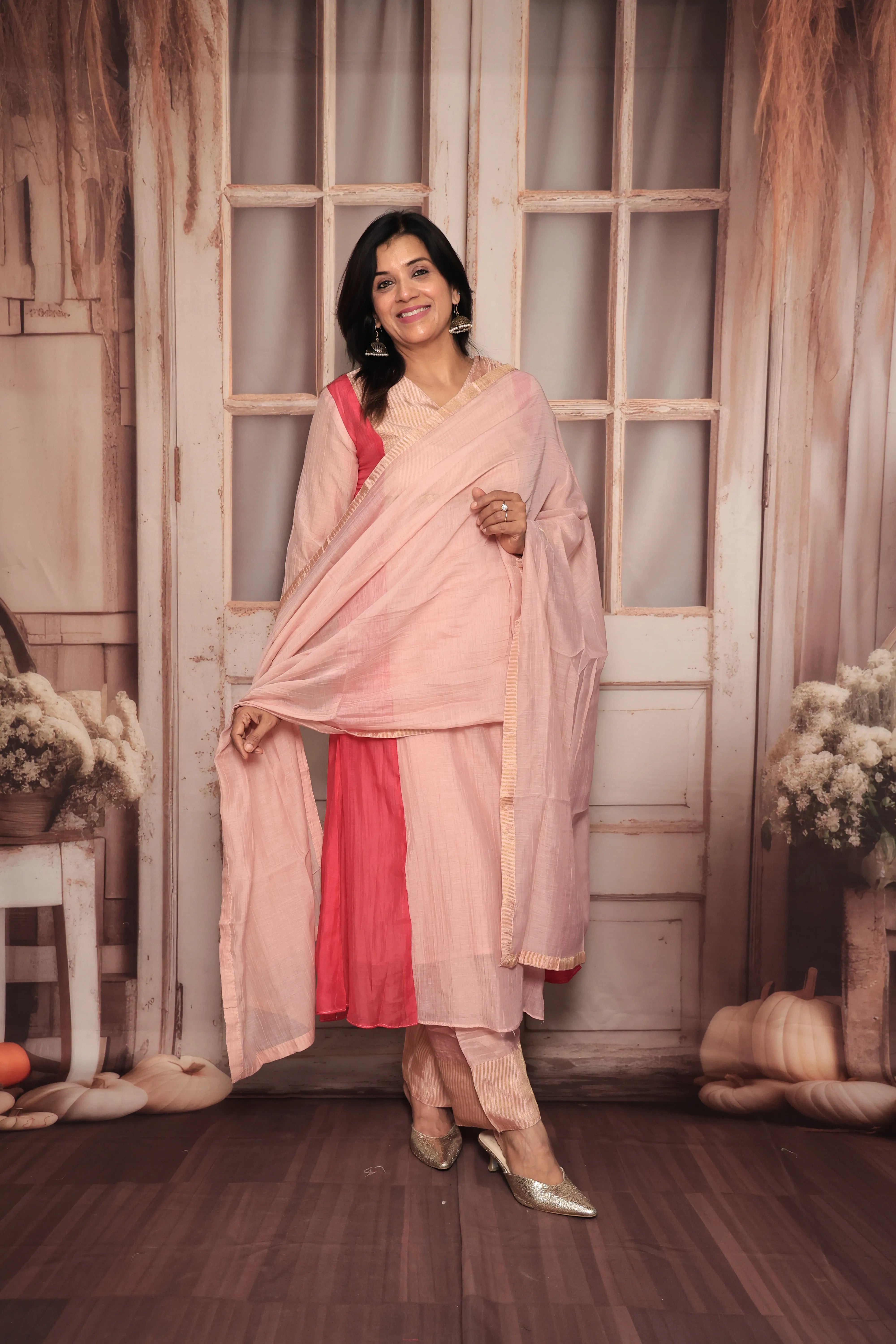 Light Pink A-Line Banarasi Mul Kurta Pant Dupatta Set | Embroidery Work | Pure Banarasi Mul Chanderi
