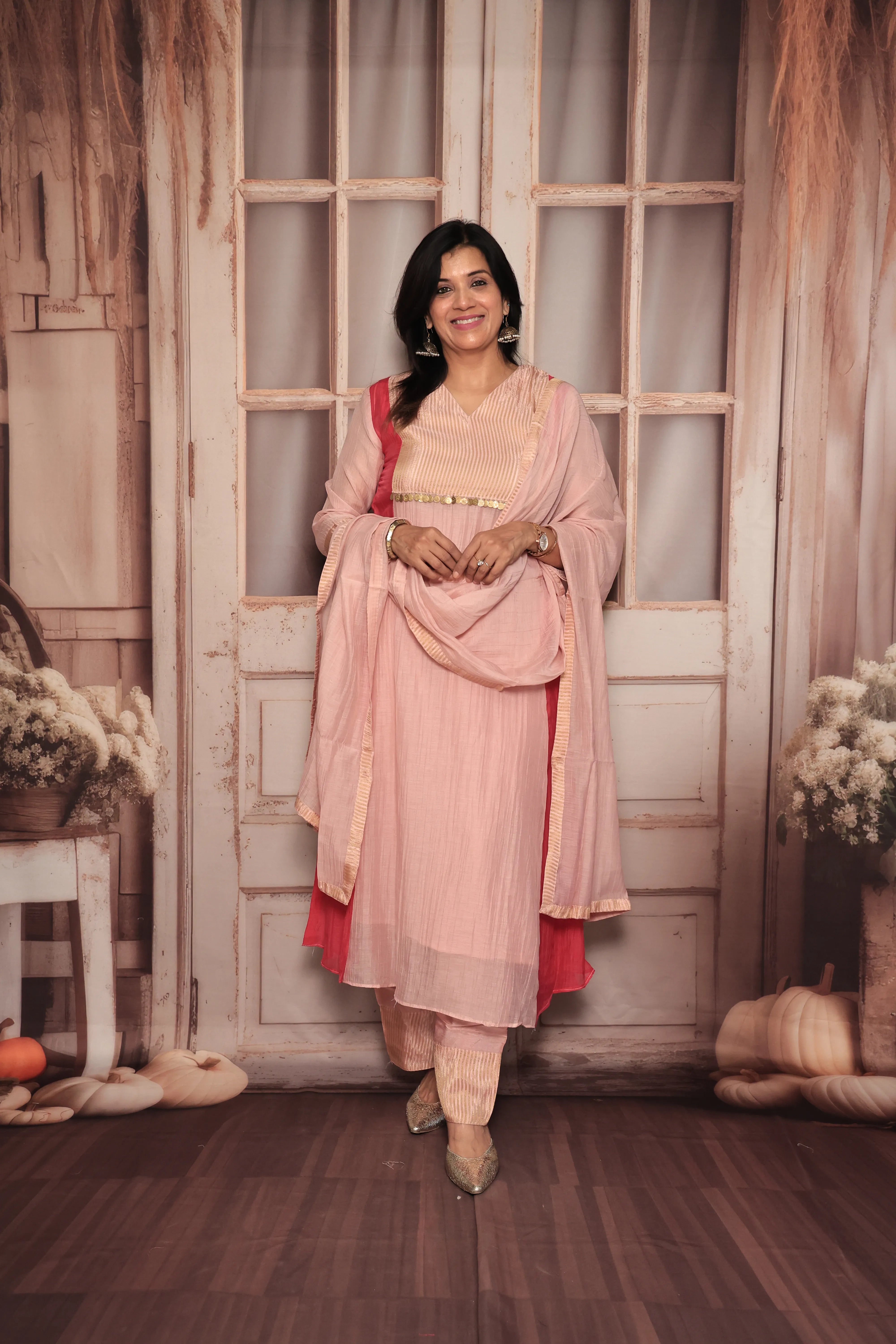 Light Pink A-Line Banarasi Mul Kurta Pant Dupatta Set | Embroidery Work | Pure Banarasi Mul Chanderi