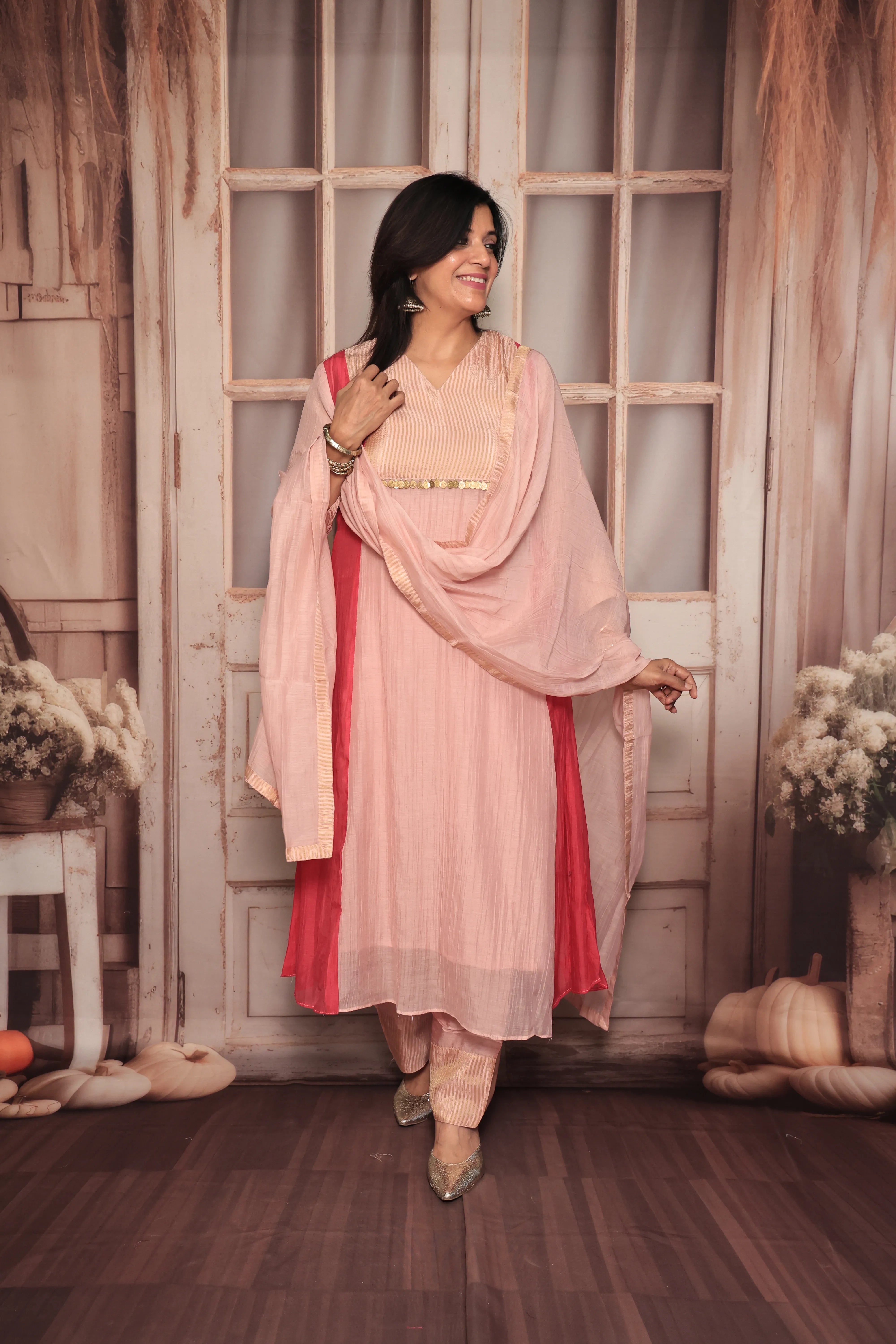 Light Pink A-Line Banarasi Mul Kurta Pant Dupatta Set | Embroidery Work | Pure Banarasi Mul Chanderi