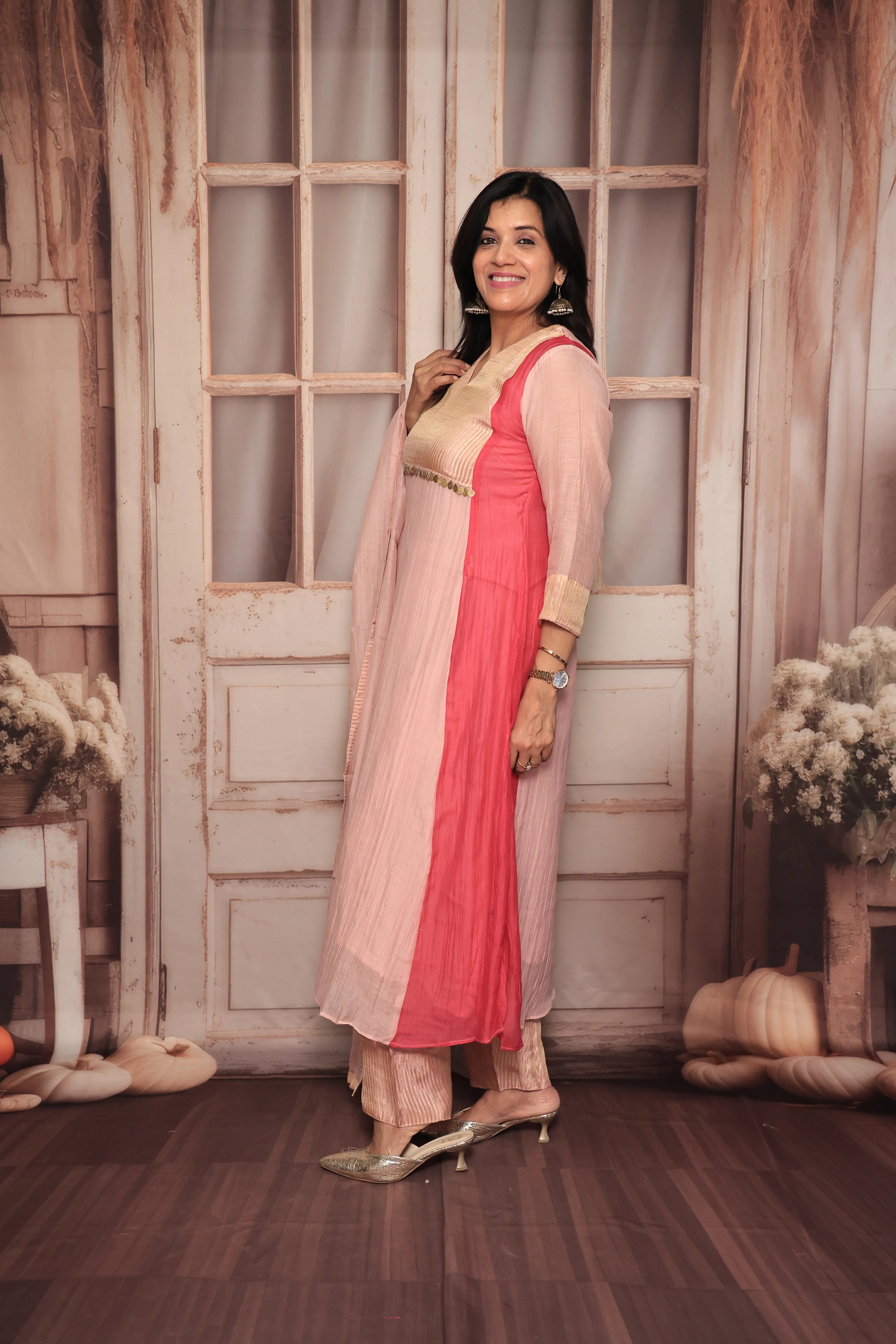 Light Pink A-Line Banarasi Mul Kurta Pant Dupatta Set | Embroidery Work | Pure Banarasi Mul Chanderi