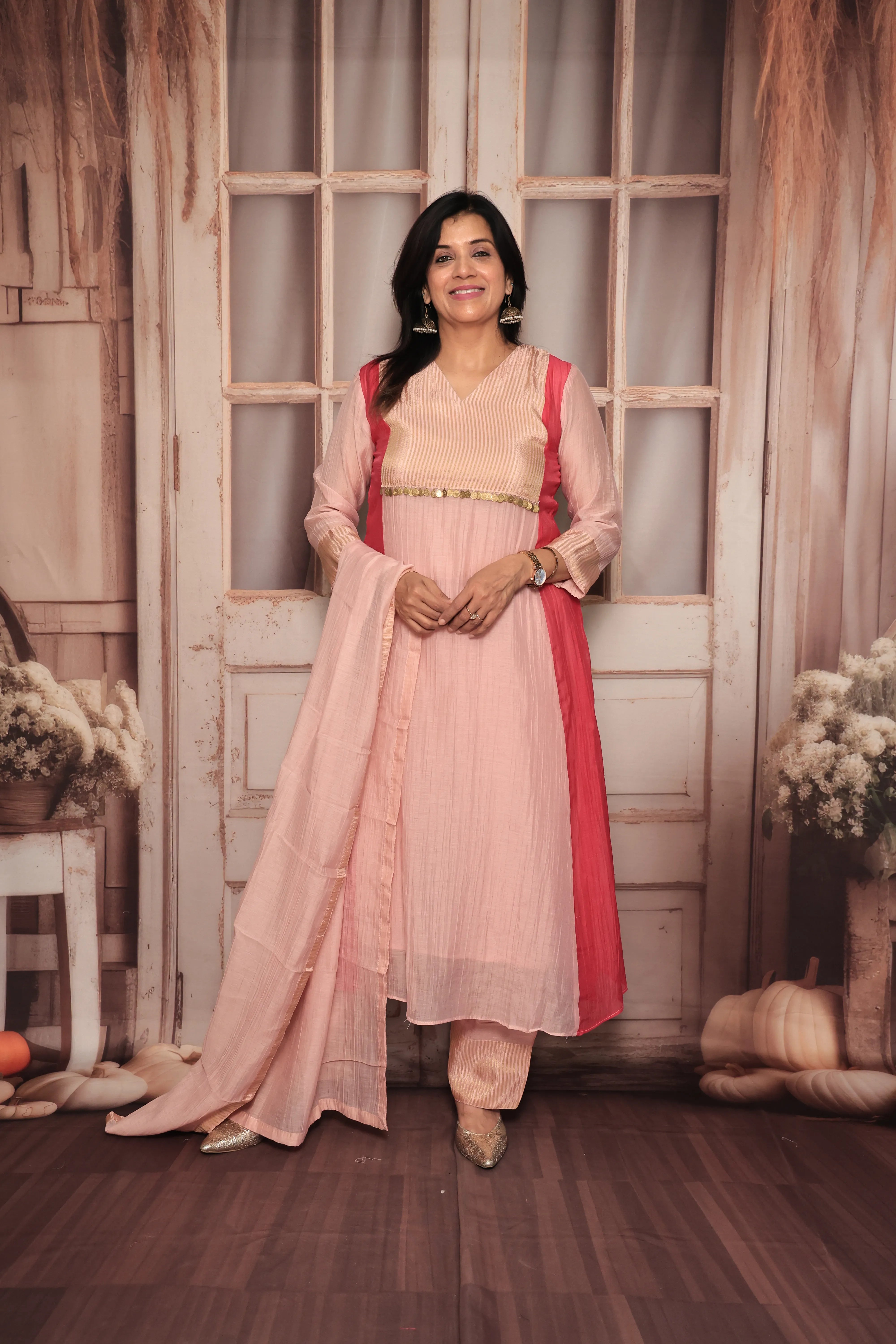 Light Pink A-Line Banarasi Mul Kurta Pant Dupatta Set | Embroidery Work | Pure Banarasi Mul Chanderi