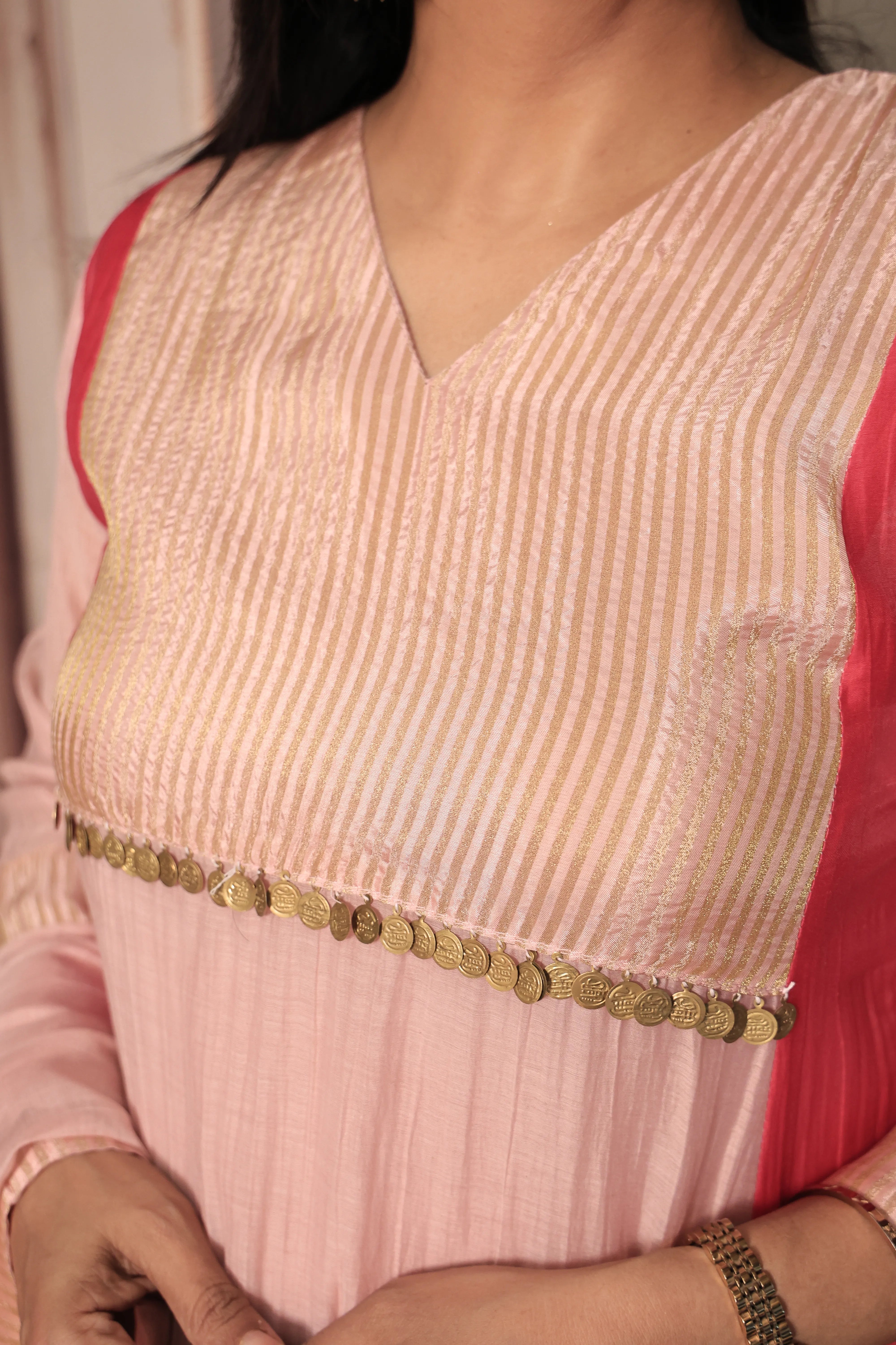 Light Pink A-Line Banarasi Mul Kurta Pant Dupatta Set | Embroidery Work | Pure Banarasi Mul Chanderi