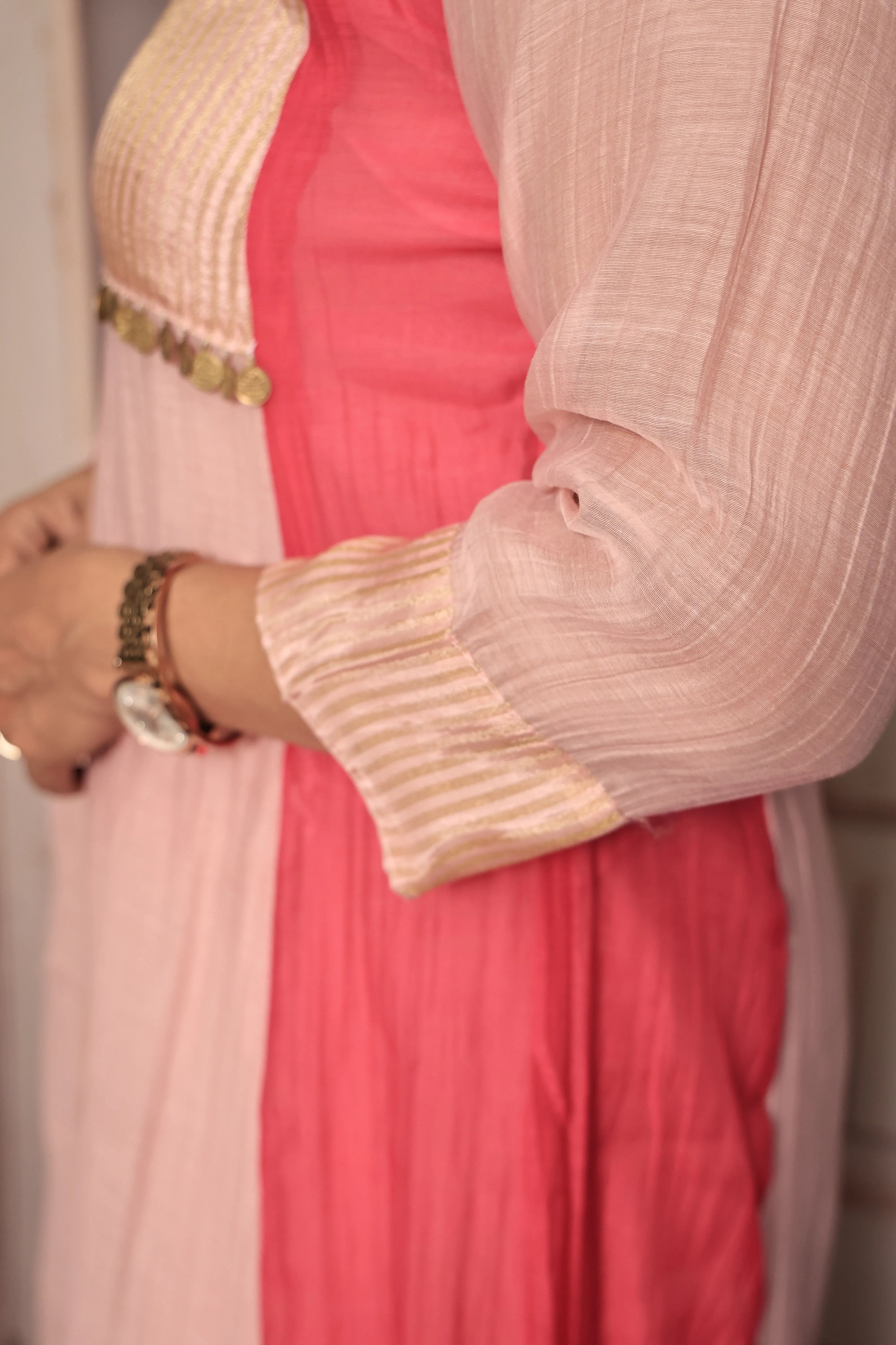 Light Pink A-Line Banarasi Mul Kurta Pant Dupatta Set | Embroidery Work | Pure Banarasi Mul Chanderi