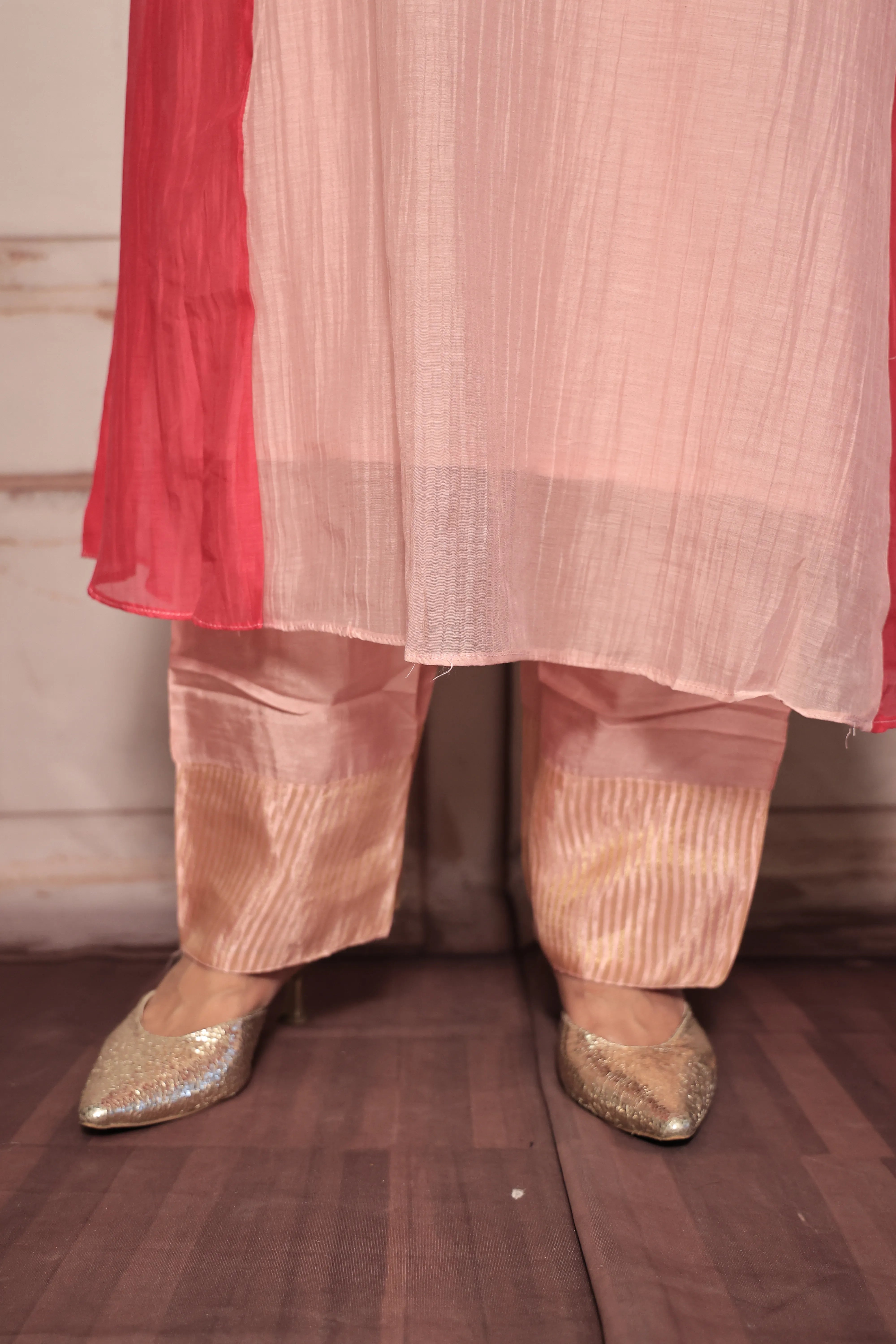 Light Pink A-Line Banarasi Mul Kurta Pant Dupatta Set | Embroidery Work | Pure Banarasi Mul Chanderi