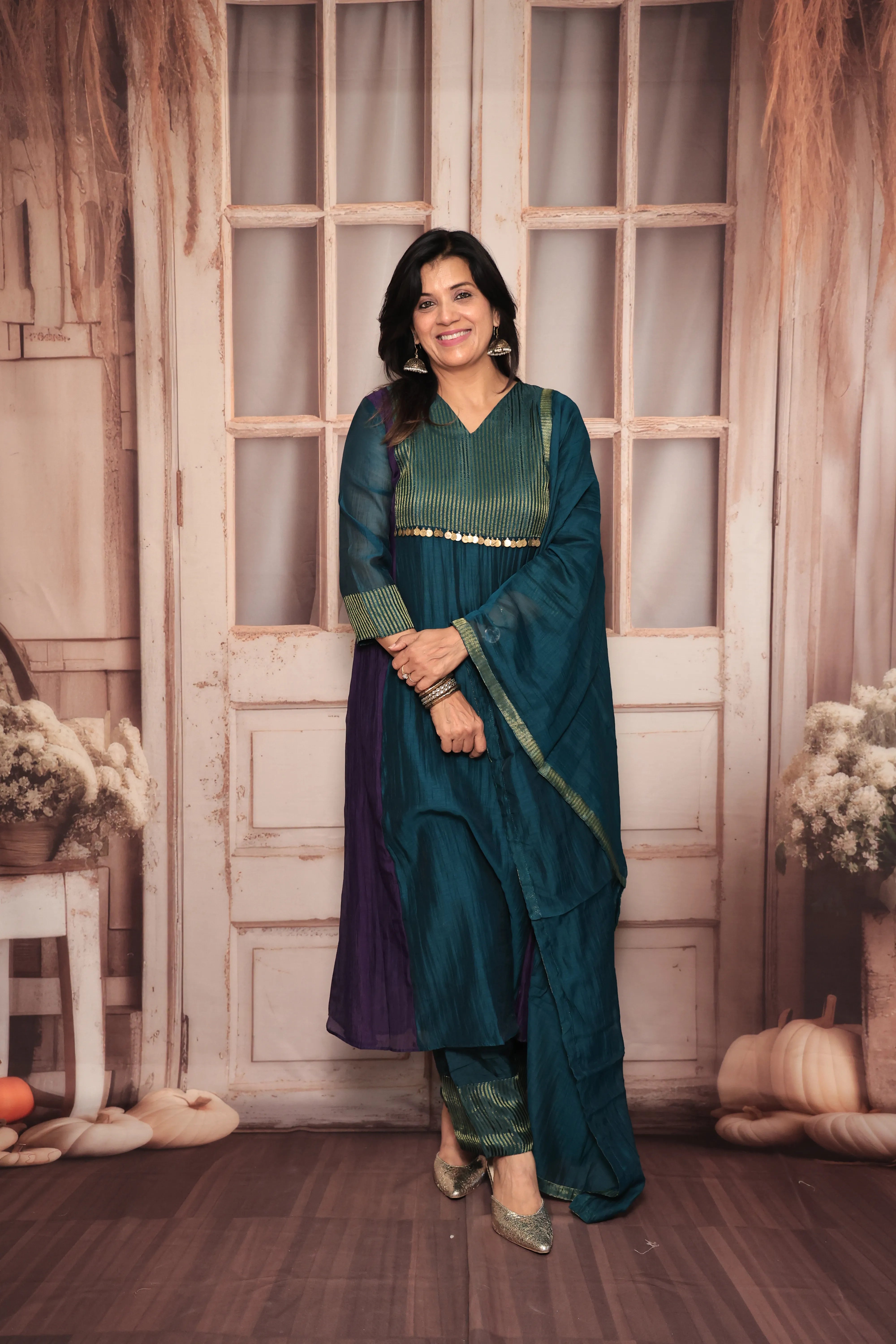 Deep Teal A-Line Banarasi Mul Kurta Pant Dupatta Set | Embroidery Work | Pure Banarasi Mul Chanderi