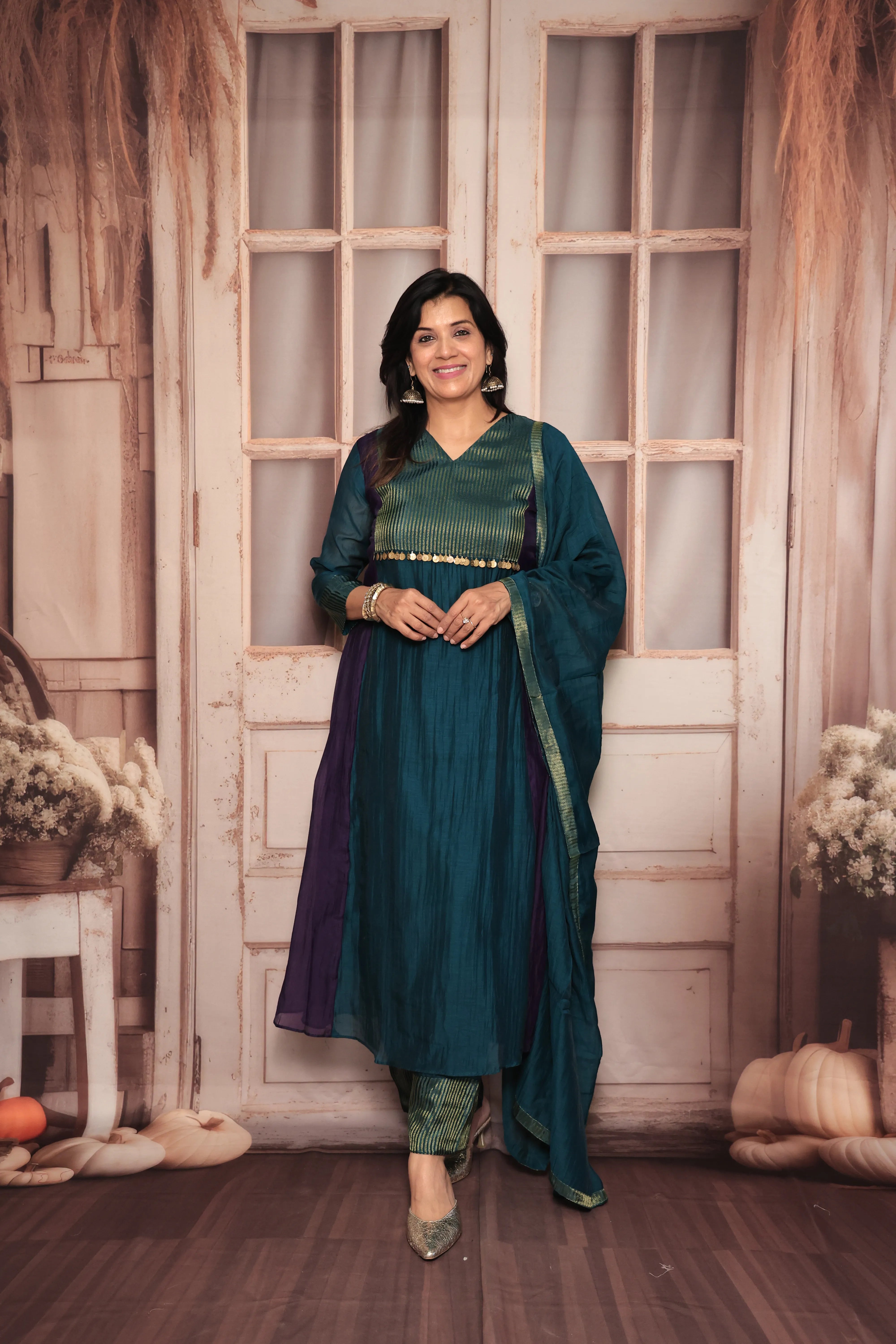 Deep Teal A-Line Banarasi Mul Kurta Pant Dupatta Set | Embroidery Work | Pure Banarasi Mul Chanderi