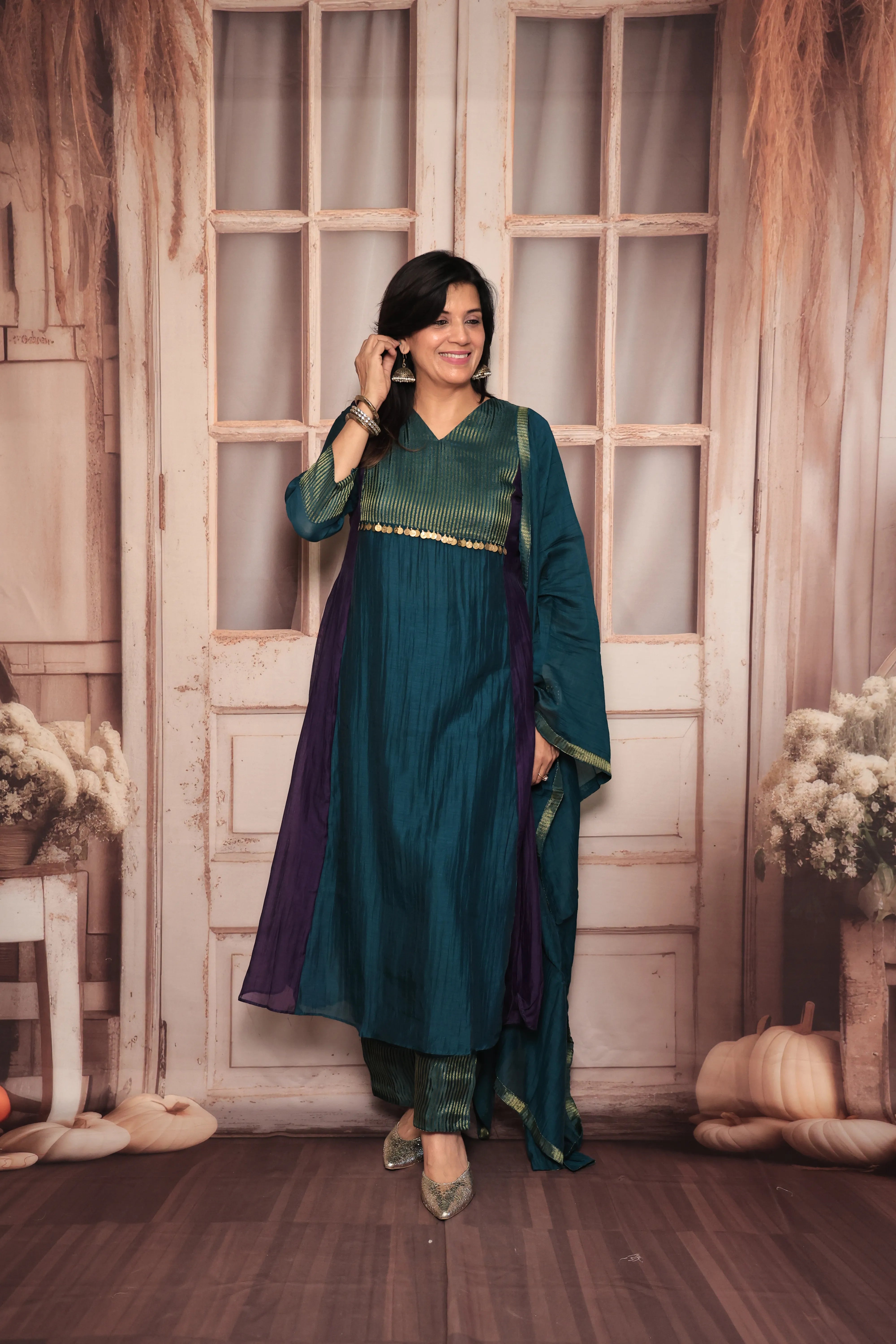 Deep Teal A-Line Banarasi Mul Kurta Pant Dupatta Set | Embroidery Work | Pure Banarasi Mul Chanderi