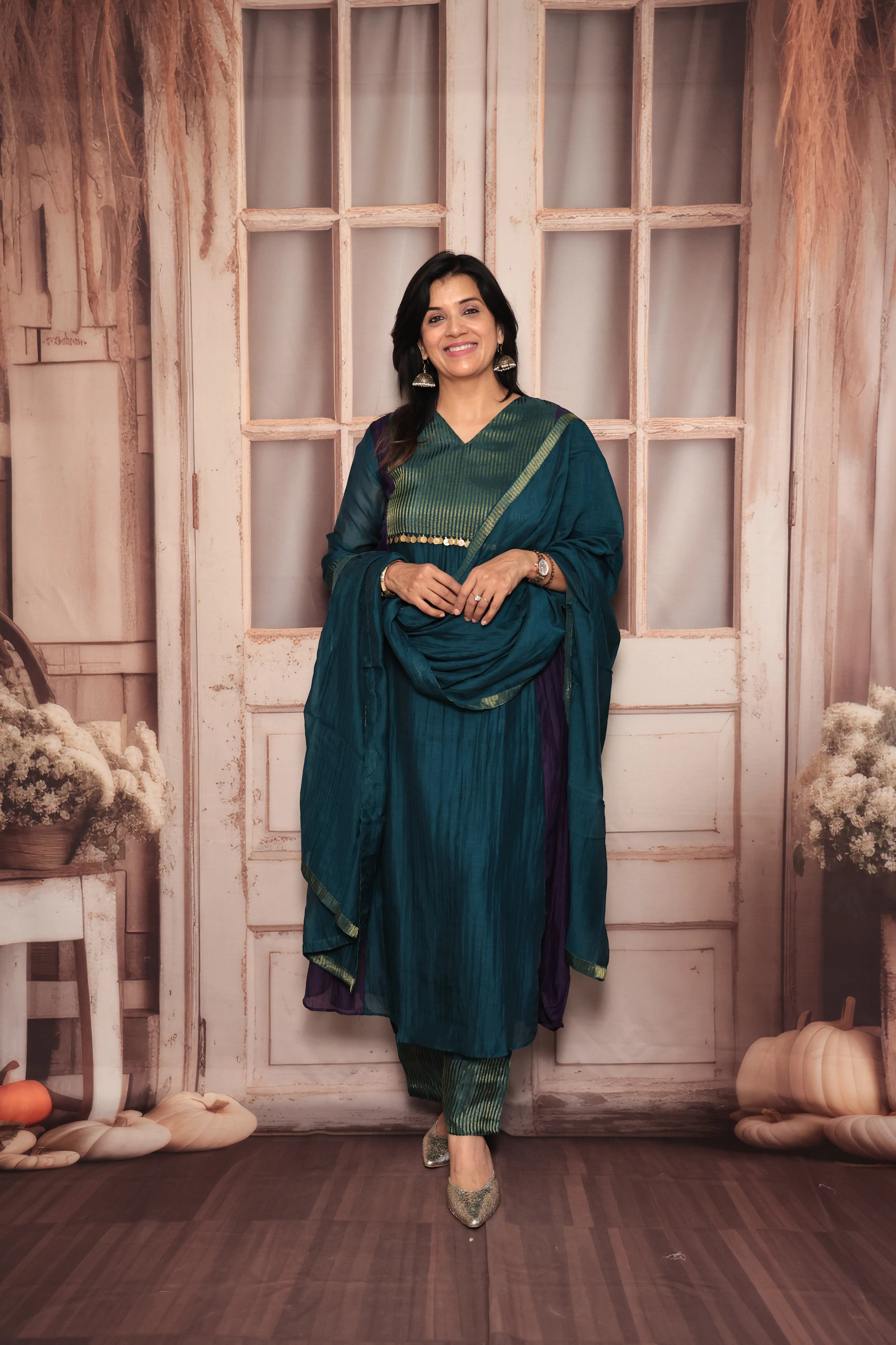 Deep Teal A-Line Banarasi Mul Kurta Pant Dupatta Set | Embroidery Work | Pure Banarasi Mul Chanderi