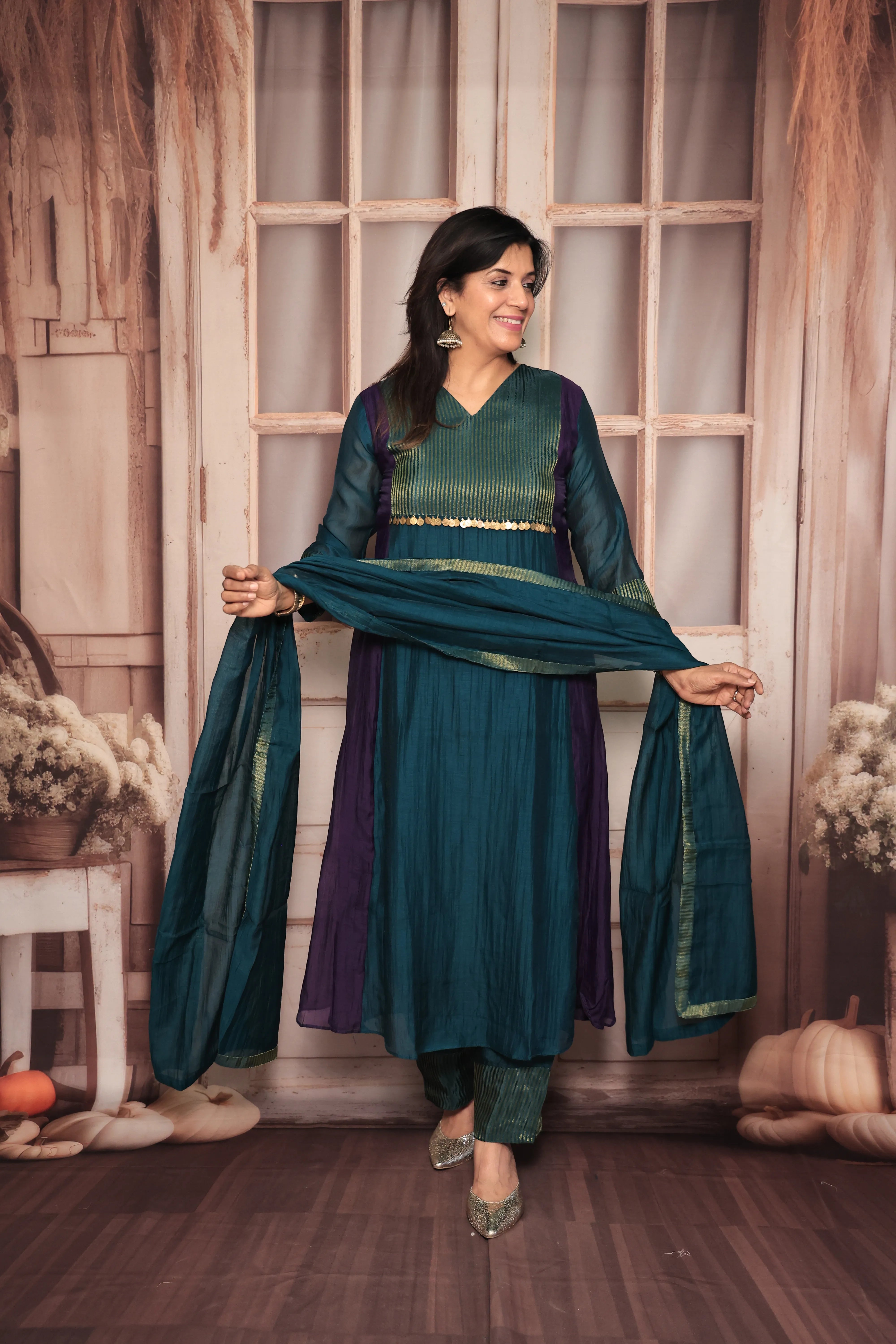 Deep Teal A-Line Banarasi Mul Kurta Pant Dupatta Set | Embroidery Work | Pure Banarasi Mul Chanderi