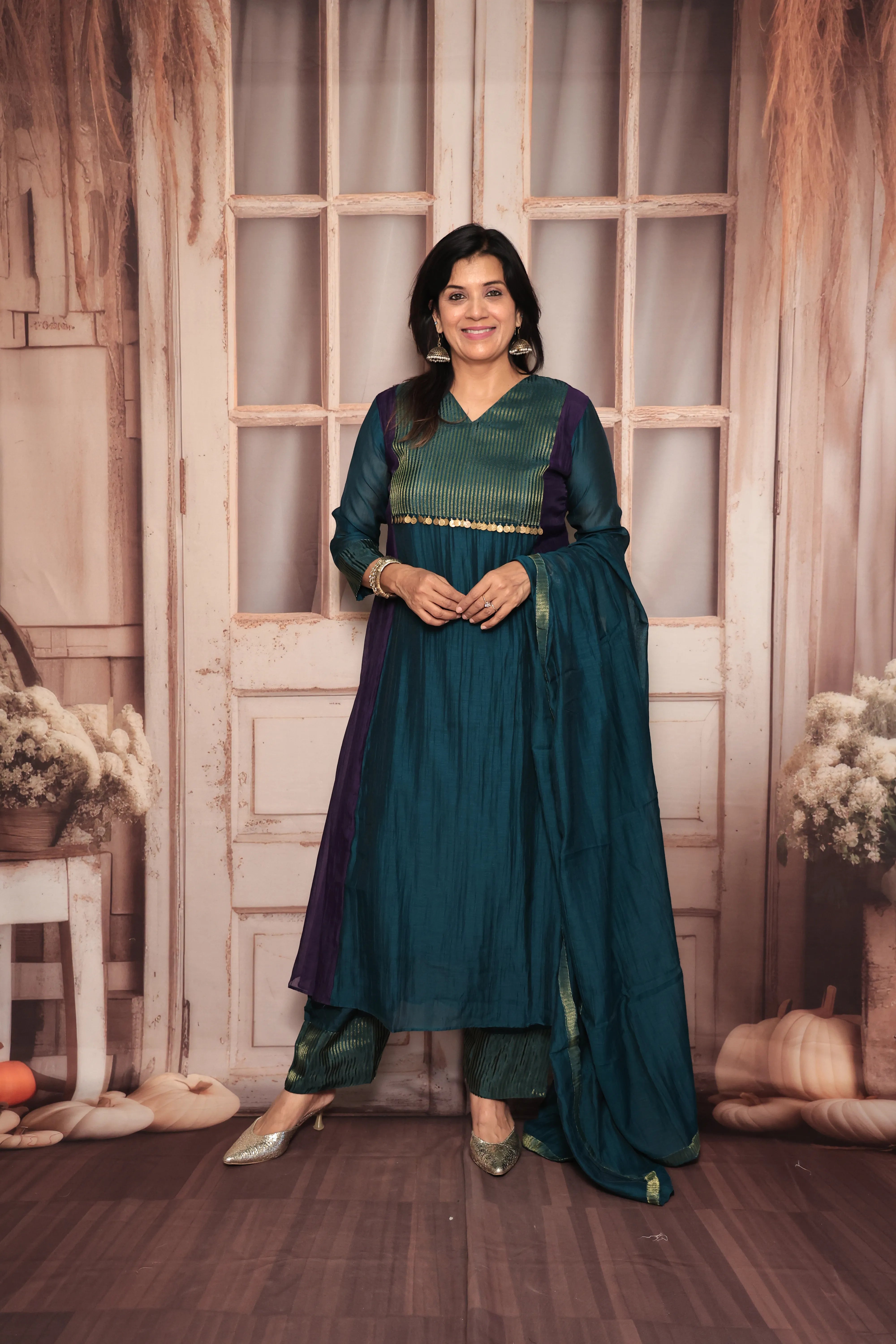 Deep Teal A-Line Banarasi Mul Kurta Pant Dupatta Set | Embroidery Work | Pure Banarasi Mul Chanderi