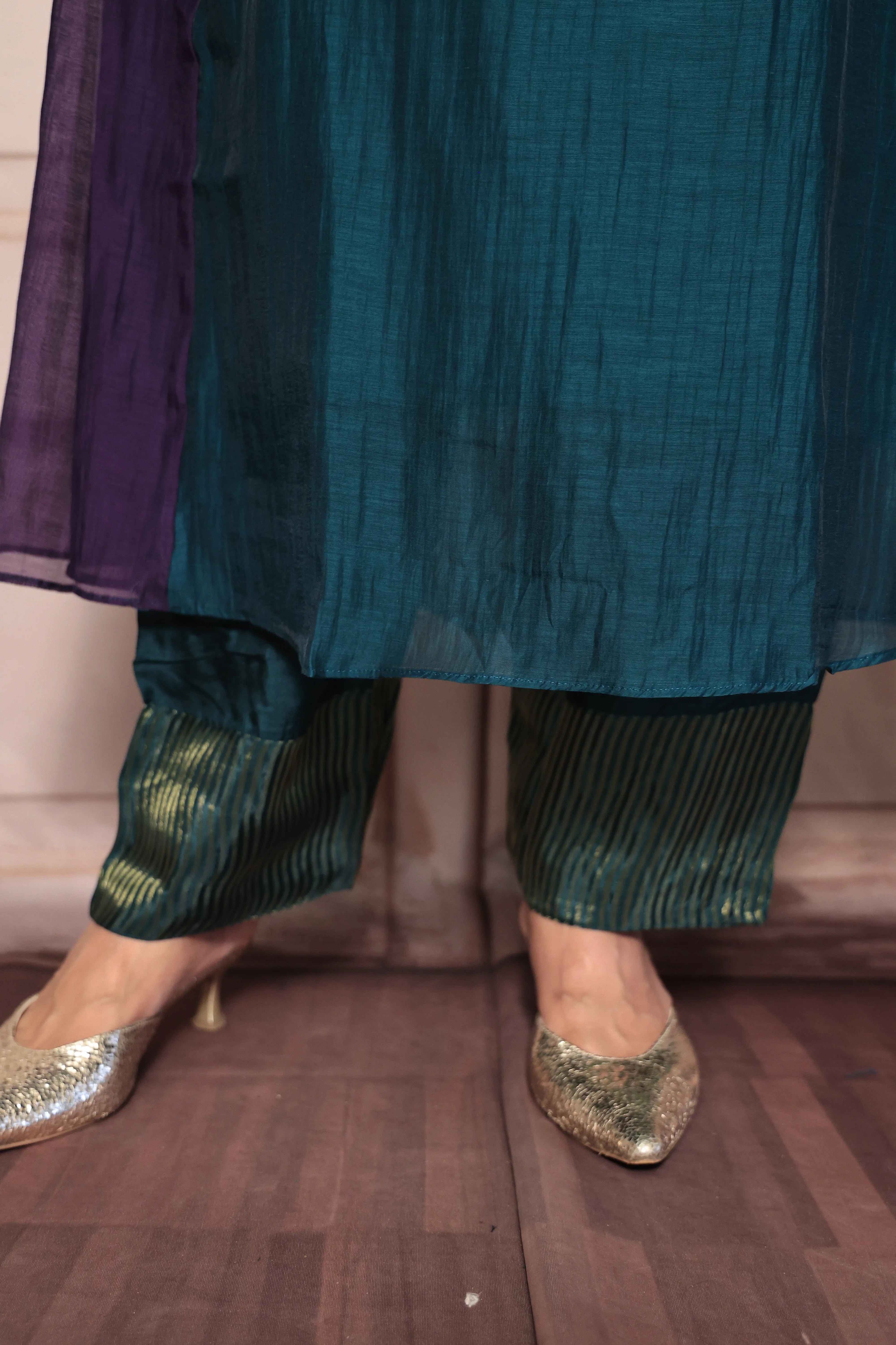 Deep Teal A-Line Banarasi Mul Kurta Pant Dupatta Set | Embroidery Work | Pure Banarasi Mul Chanderi