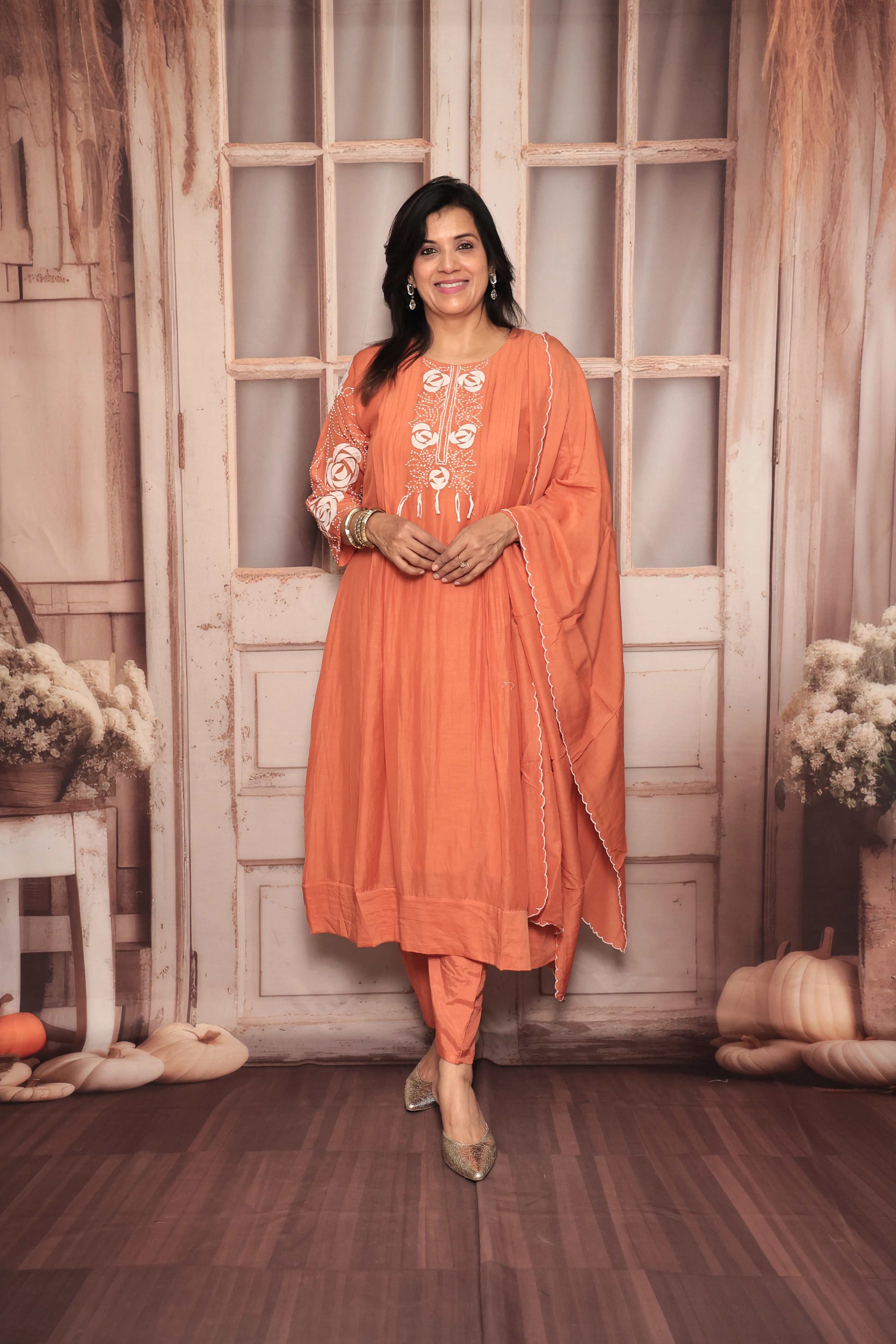 Burnt Orange A-Line Kurta Pant Dupatta Set | Appliqué & Thread Embroidery | Pure Mul Chanderi