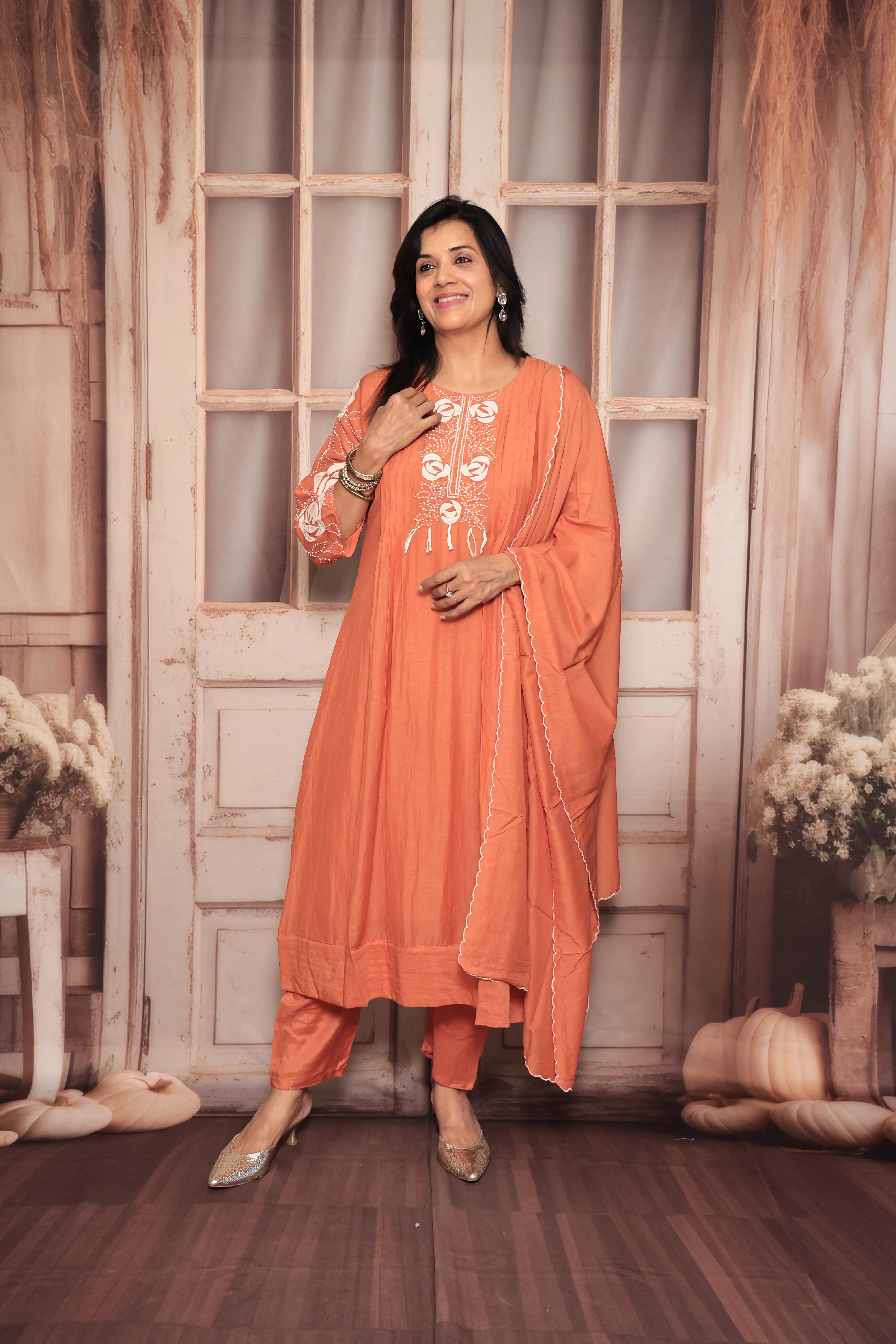 Burnt Orange A-Line Kurta Pant Dupatta Set | Appliqué & Thread Embroidery | Pure Mul Chanderi