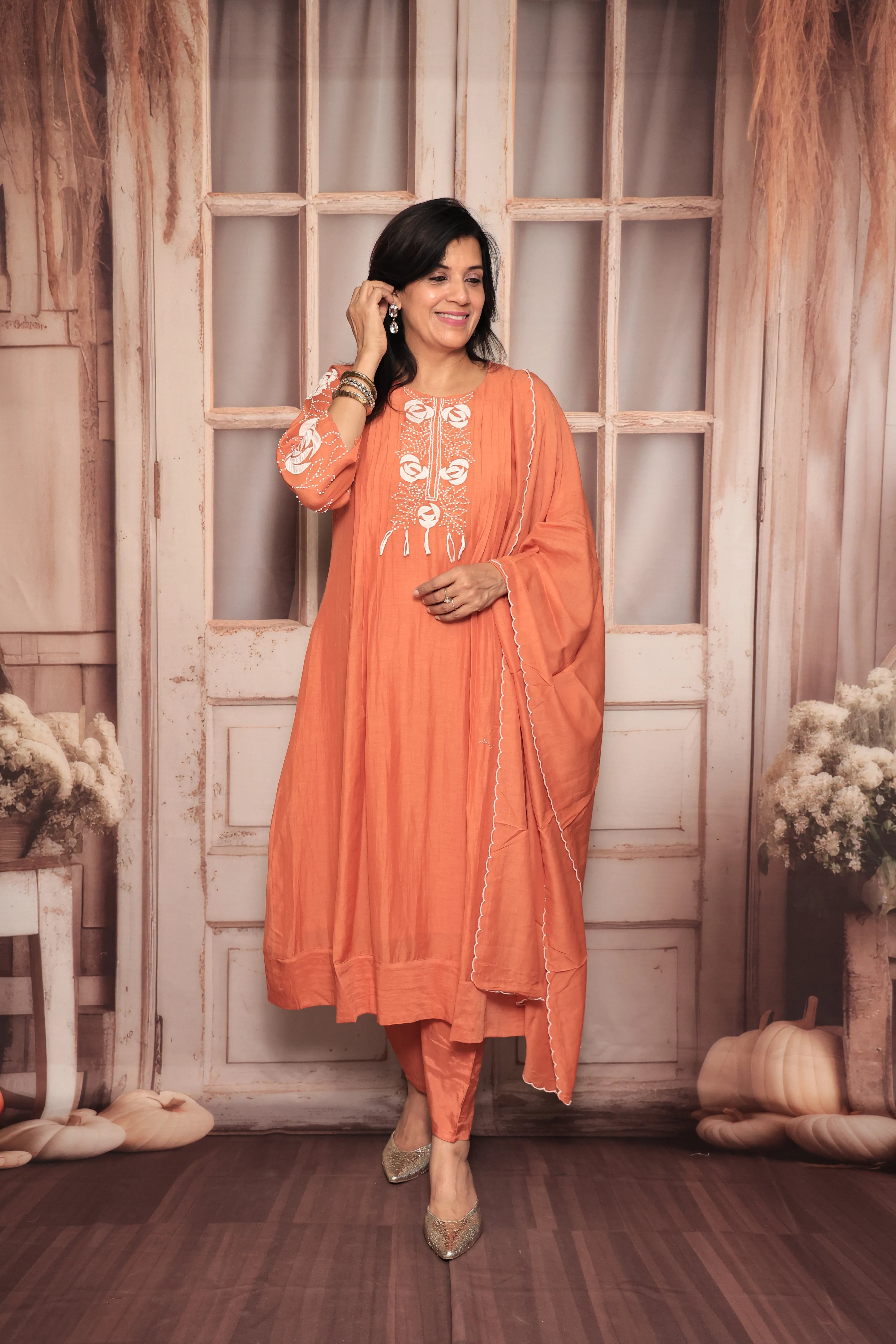Burnt Orange A-Line Kurta Pant Dupatta Set | Appliqué & Thread Embroidery | Pure Mul Chanderi