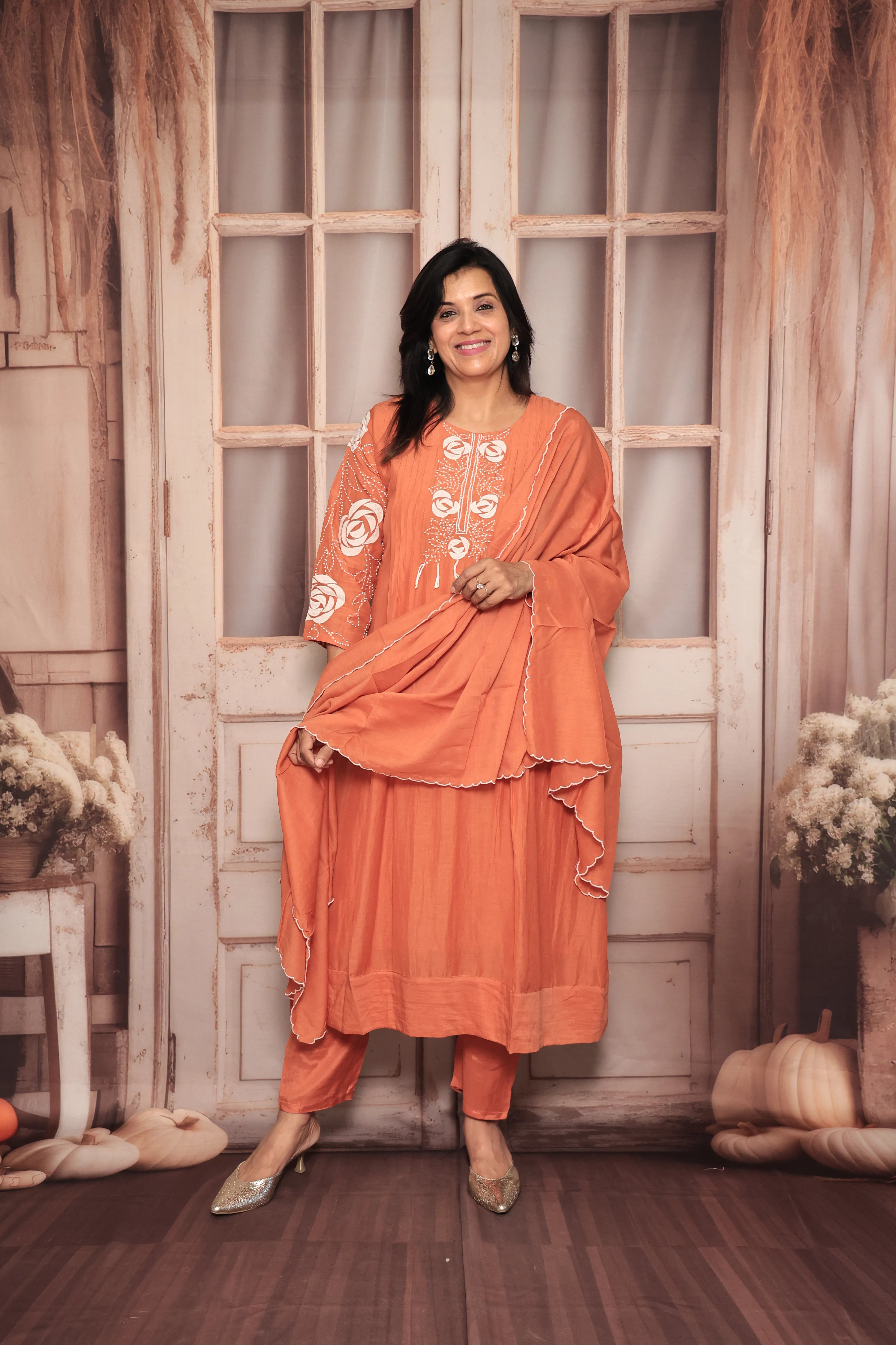 Burnt Orange A-Line Kurta Pant Dupatta Set | Appliqué & Thread Embroidery | Pure Mul Chanderi