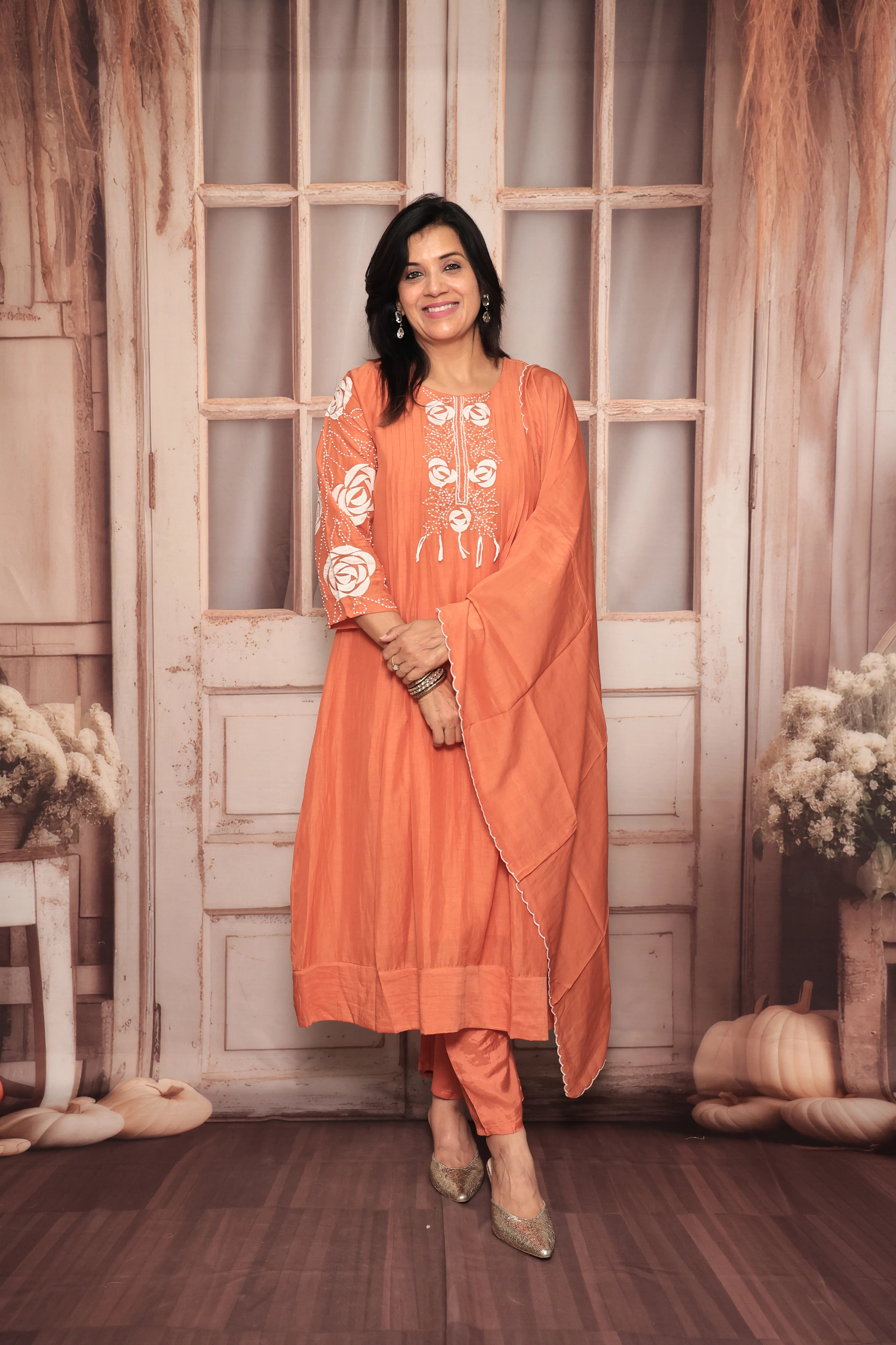 Burnt Orange A-Line Kurta Pant Dupatta Set | Appliqué & Thread Embroidery | Pure Mul Chanderi