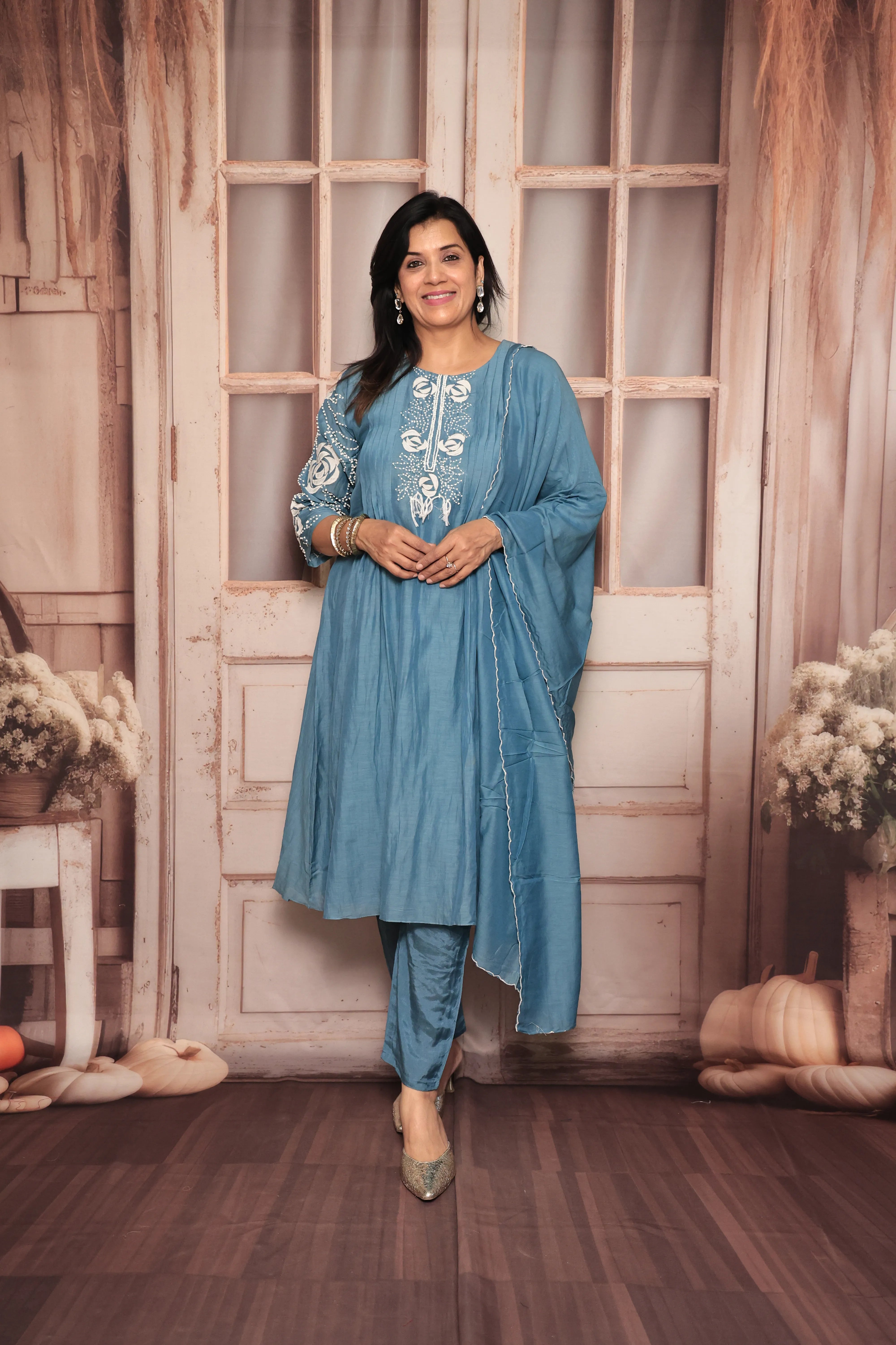 Steel Blue A-Line Kurta Pant Dupatta Set | Appliqué & Thread Embroidery | Pure Mul Chanderi