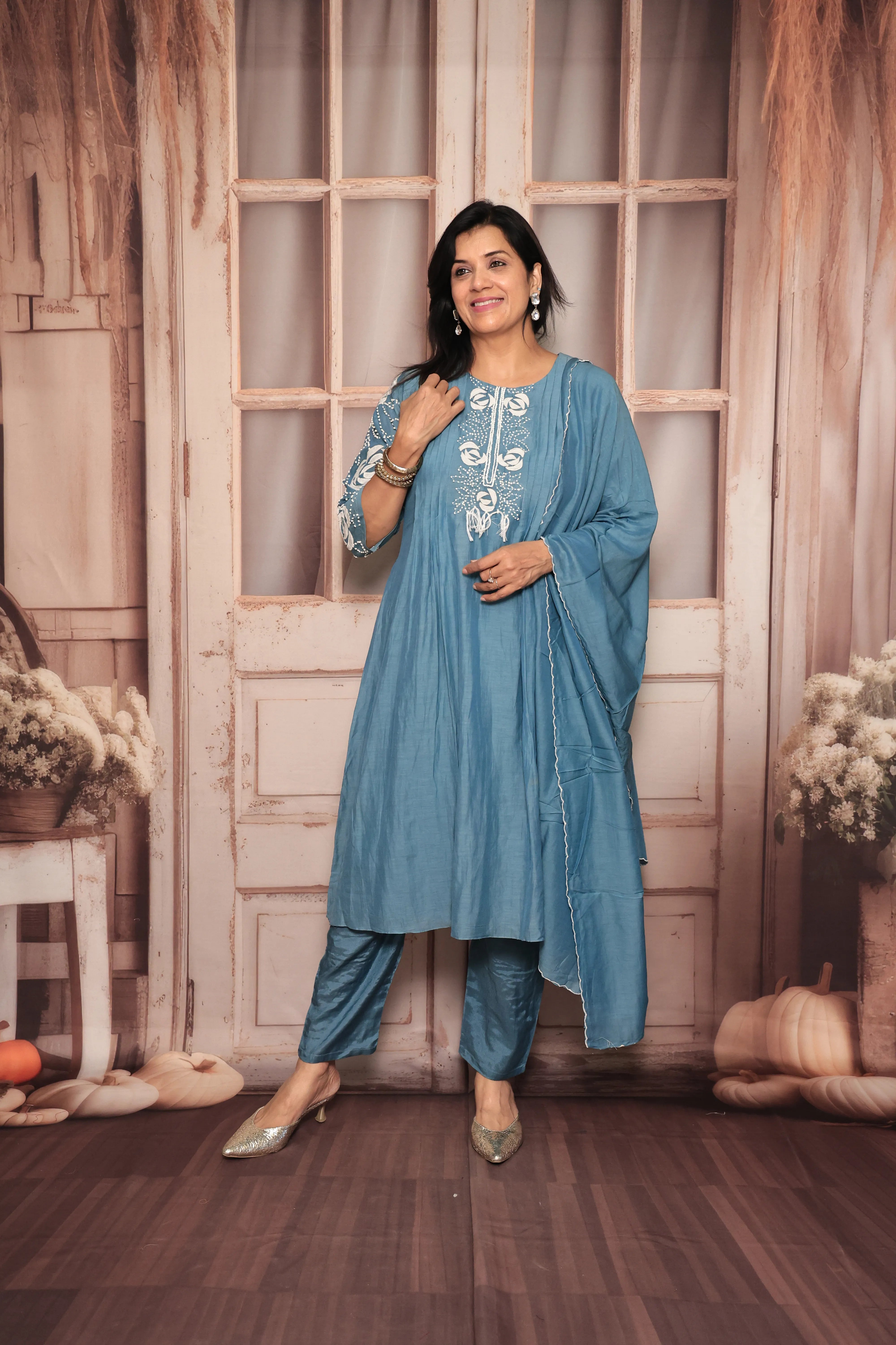 Steel Blue A-Line Kurta Pant Dupatta Set | Appliqué & Thread Embroidery | Pure Mul Chanderi