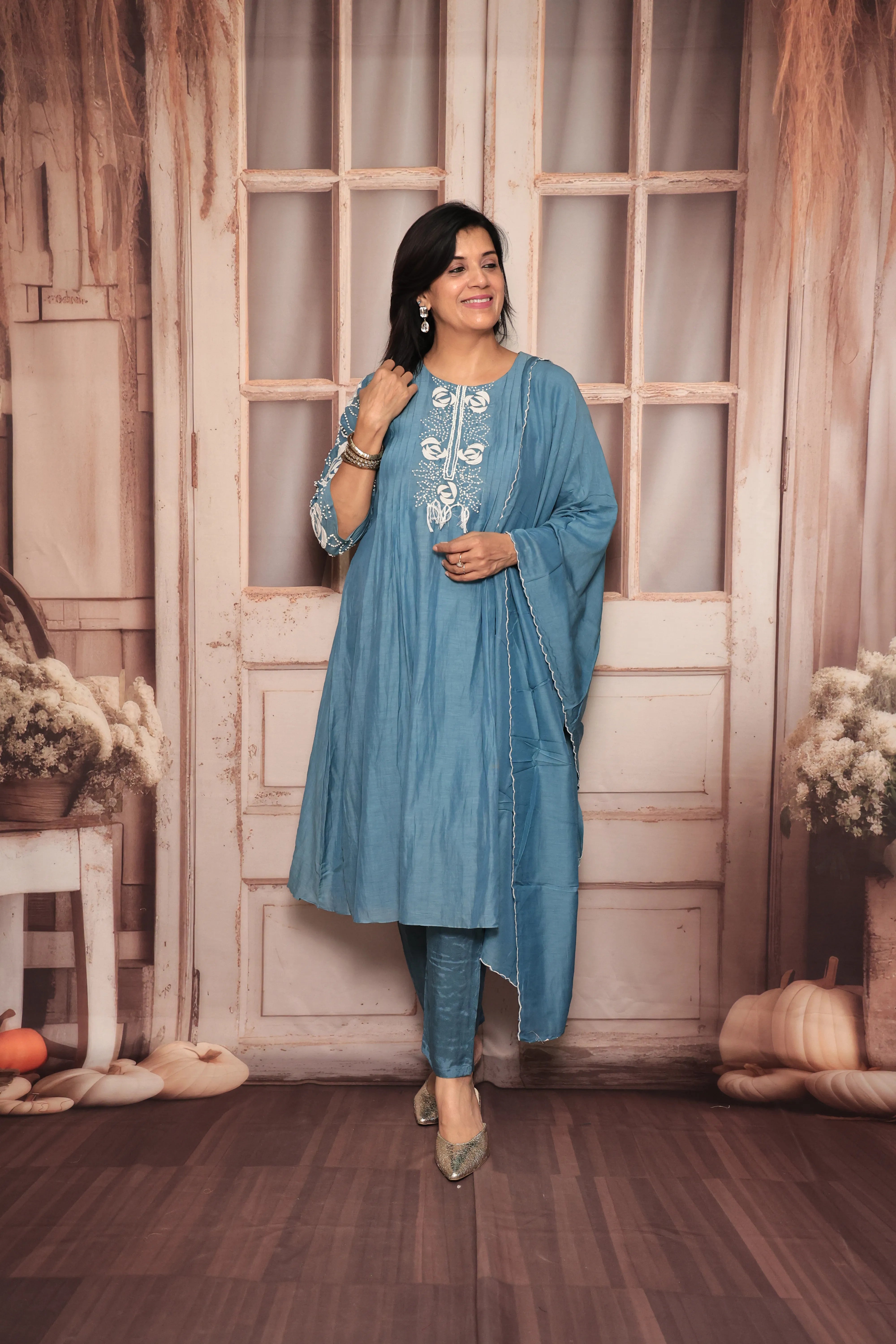 Steel Blue A-Line Kurta Pant Dupatta Set | Appliqué & Thread Embroidery | Pure Mul Chanderi