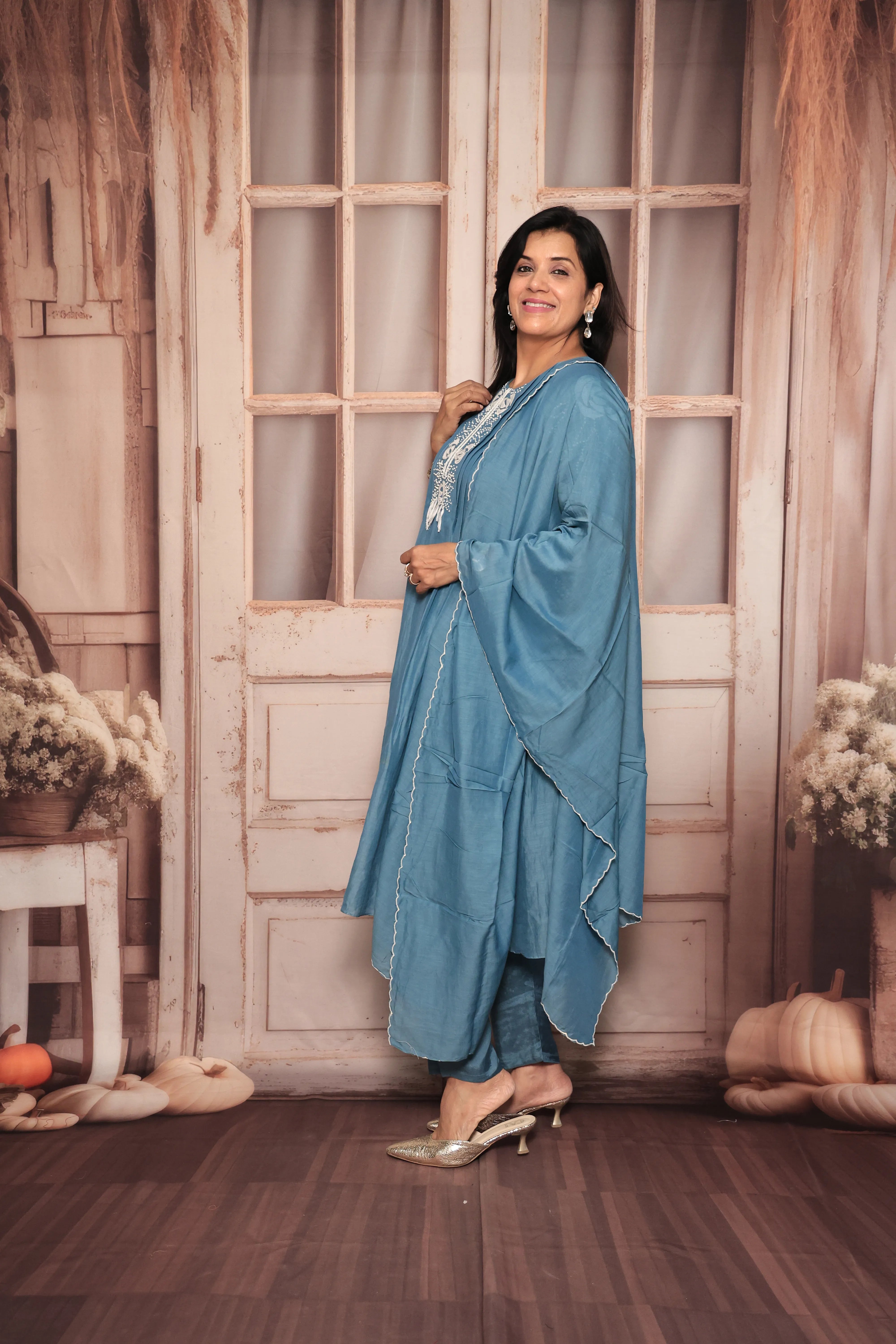 Steel Blue A-Line Kurta Pant Dupatta Set | Appliqué & Thread Embroidery | Pure Mul Chanderi