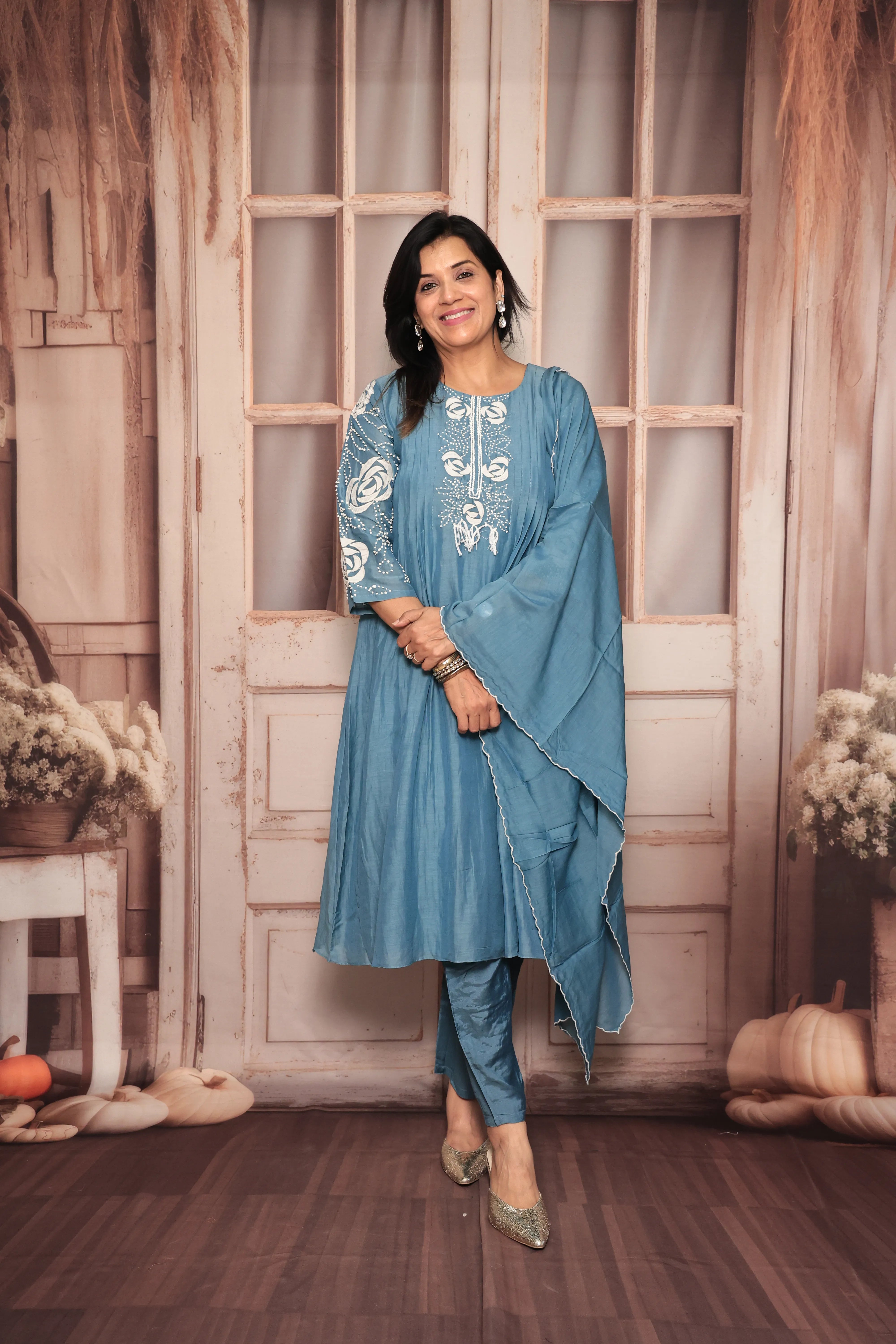 Steel Blue A-Line Kurta Pant Dupatta Set | Appliqué & Thread Embroidery | Pure Mul Chanderi