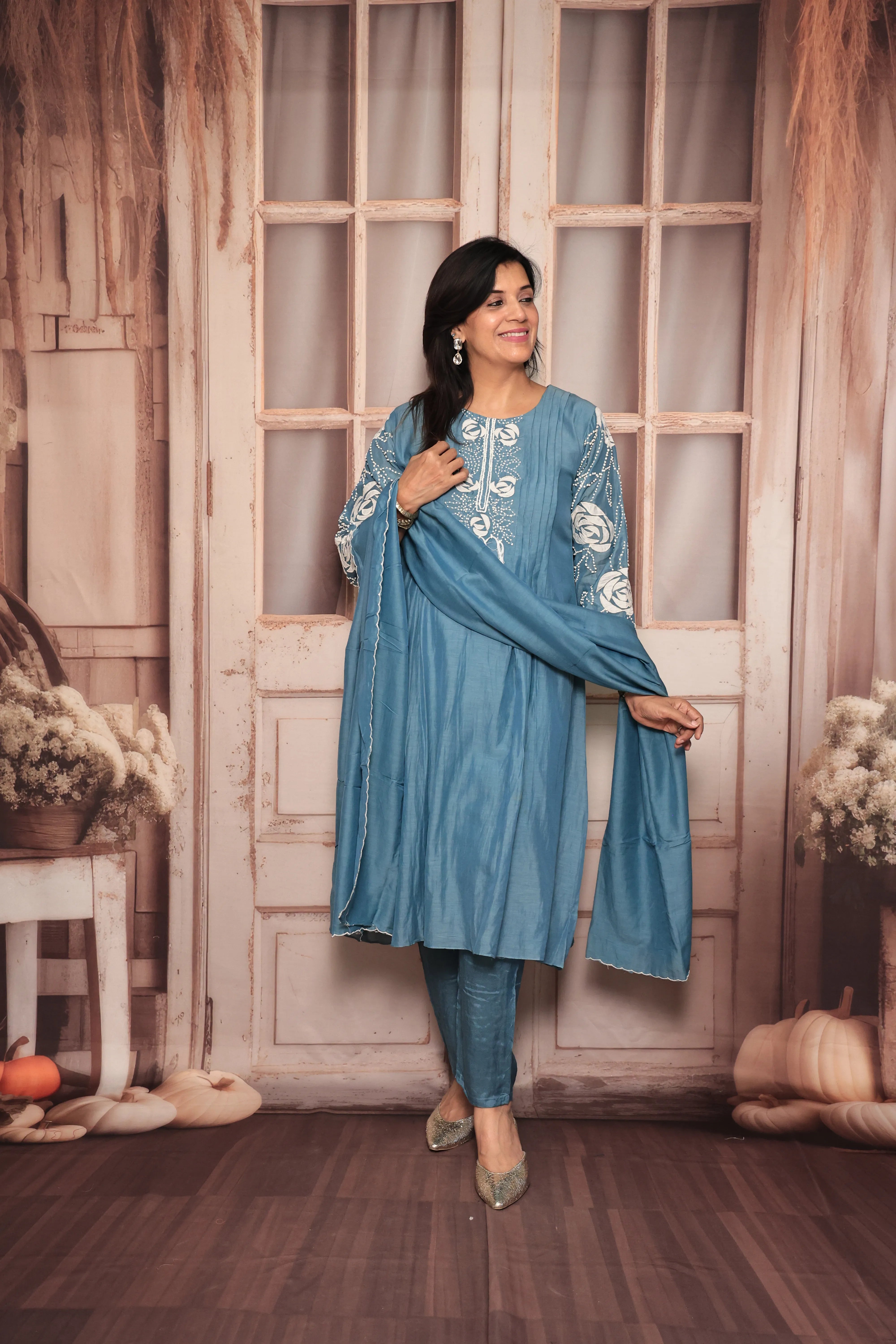 Steel Blue A-Line Kurta Pant Dupatta Set | Appliqué & Thread Embroidery | Pure Mul Chanderi