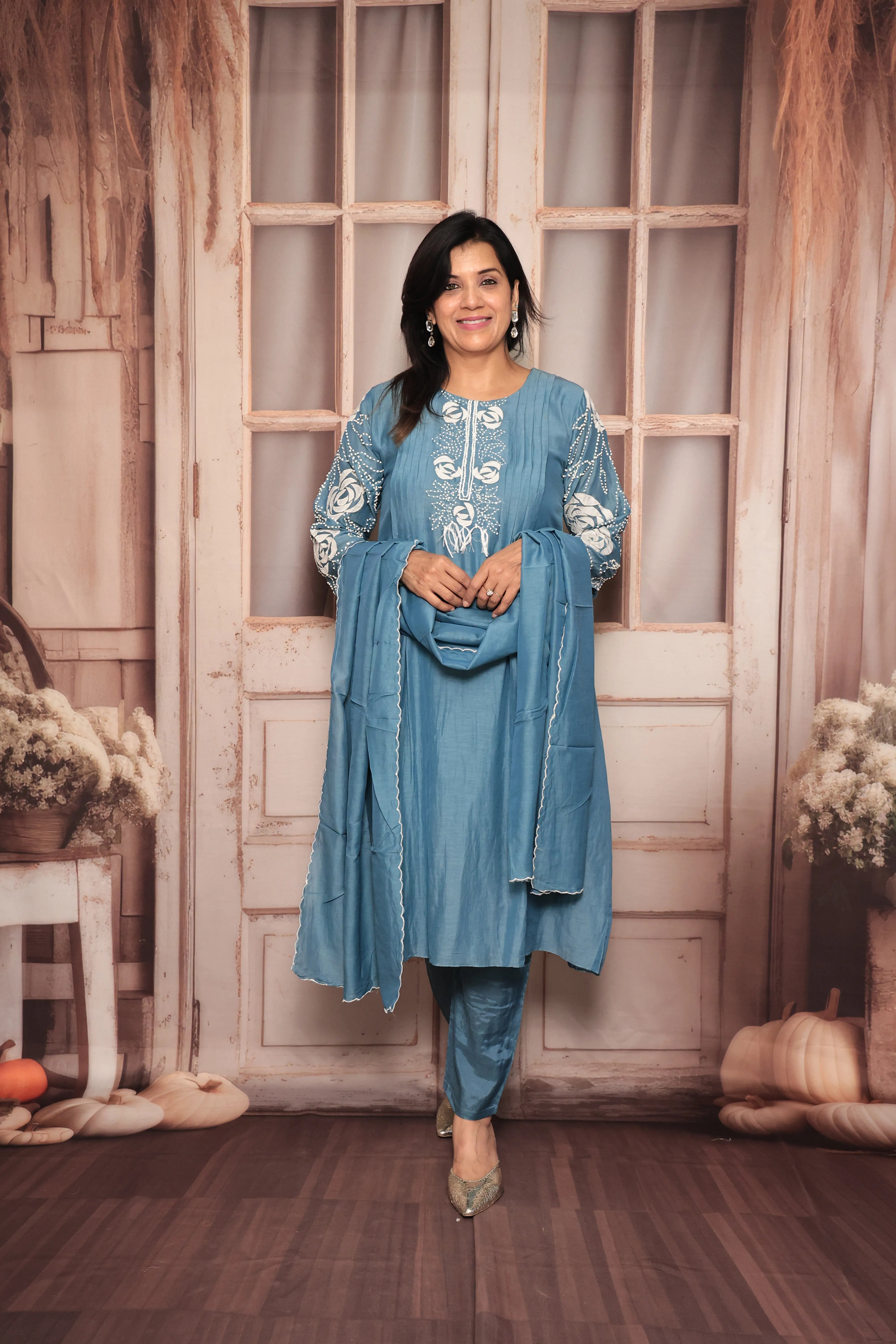 Steel Blue A-Line Kurta Pant Dupatta Set | Appliqué & Thread Embroidery | Pure Mul Chanderi