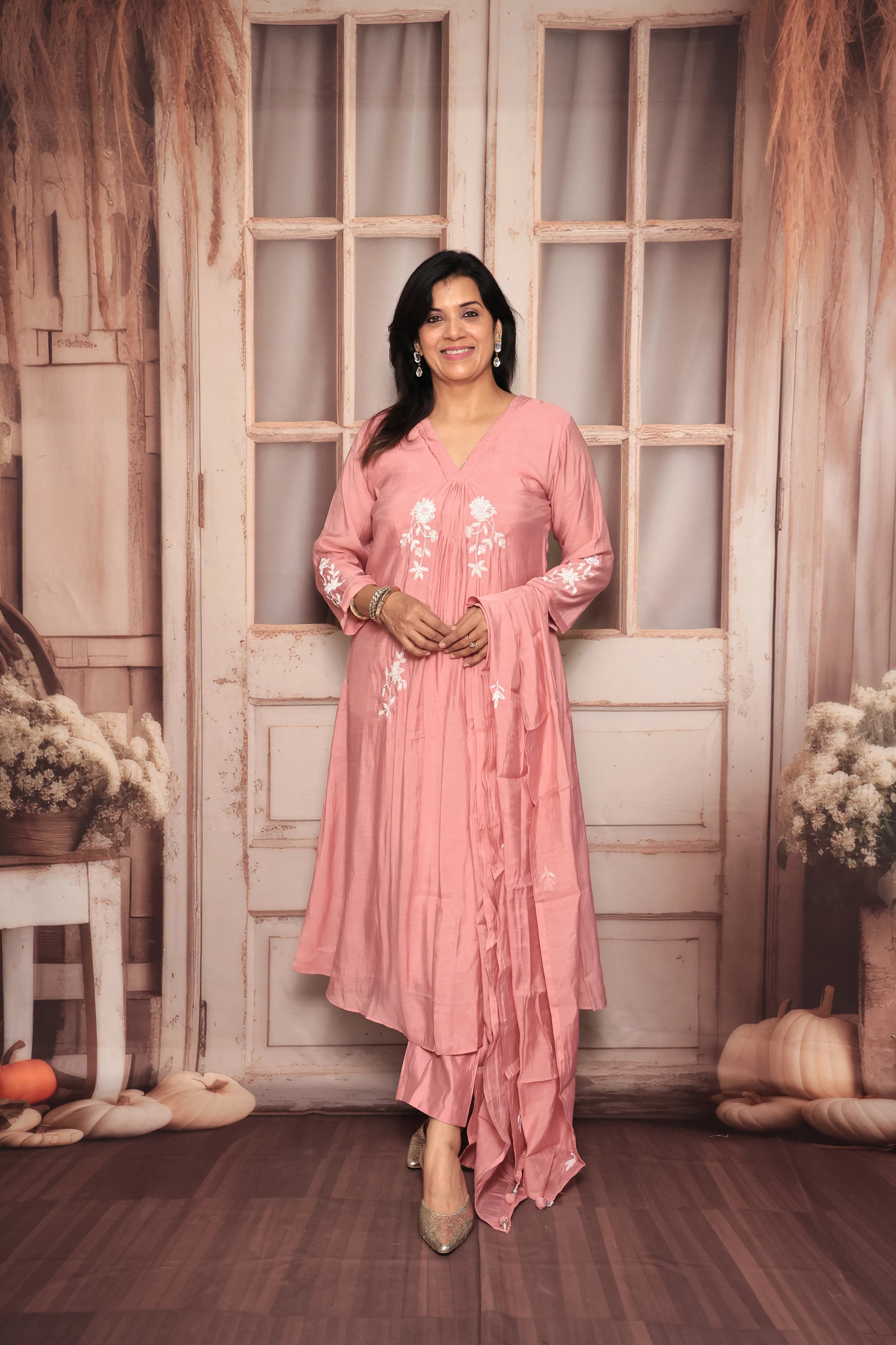 Thulian Pink A-Line Kurta Pant Dupatta Set | Pearl Work | Pure Mul Chanderi